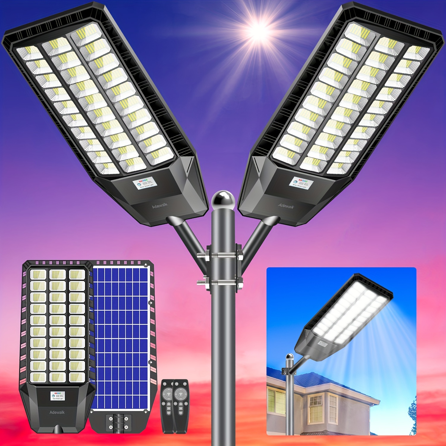 

Adewalk 2 Pack Solar Street Lights Outdoor, Solar Lights 6000w 400000 Led Commercial Street Light Solar Powered Dusk To Dawn With Motion Sensor