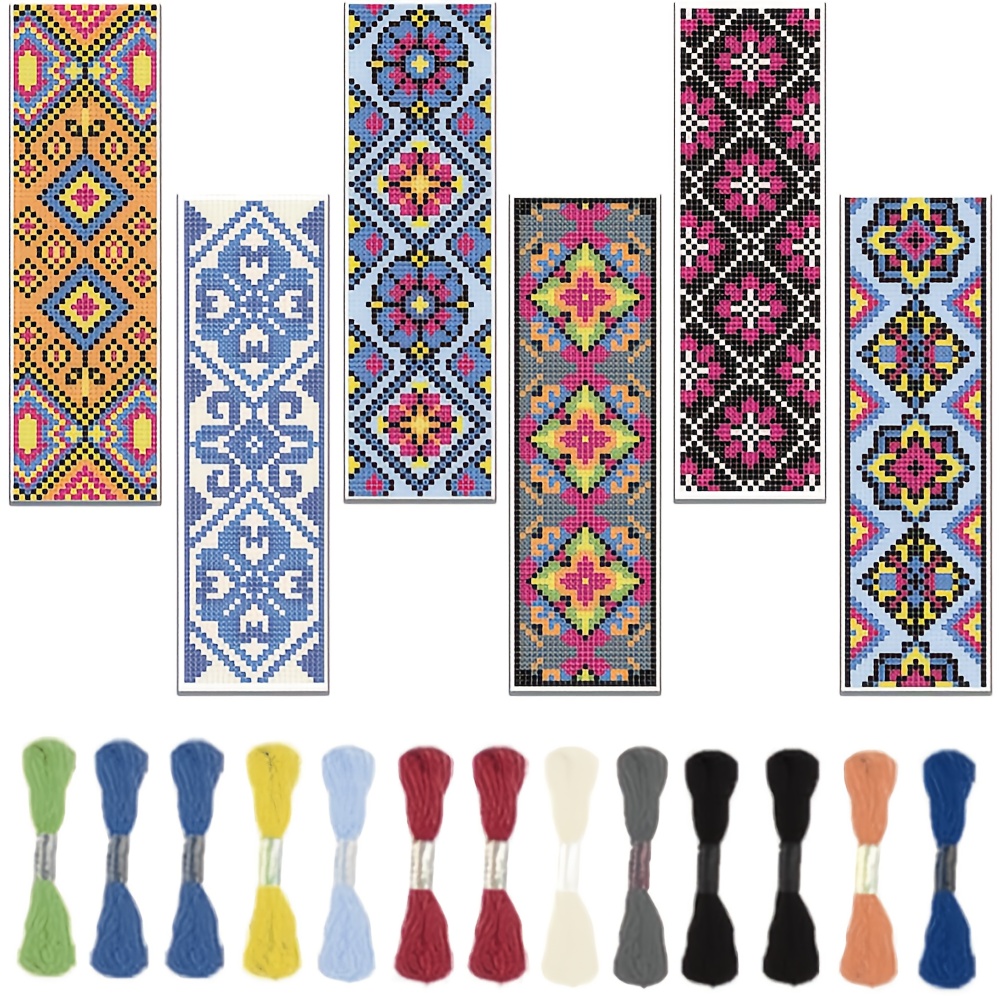 E-shop 6-teiliges DIY Kreuzstich-Lesezeichen-Set mit Vintage-Blumenmuster, Stickerei-Bastelset für Anfänger, Anleitung enthalten - Perfektes