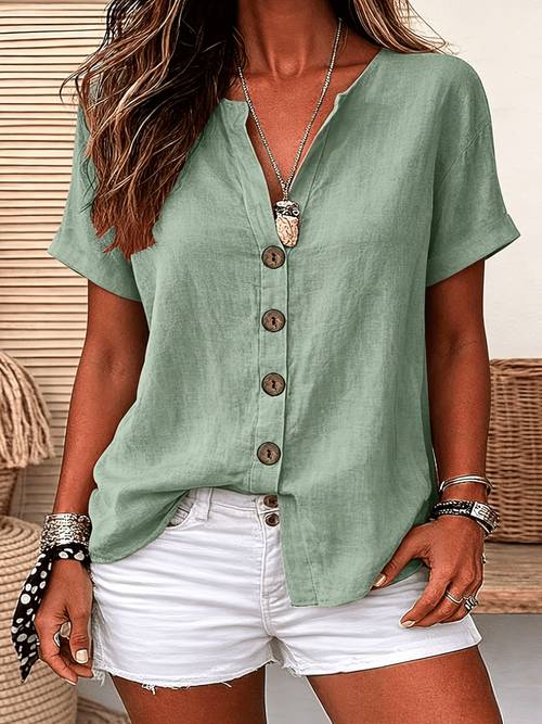 item picture womens shirt button design solid color casual daily wear short sleeve v neck regular style top suitable for spring summer and autumn