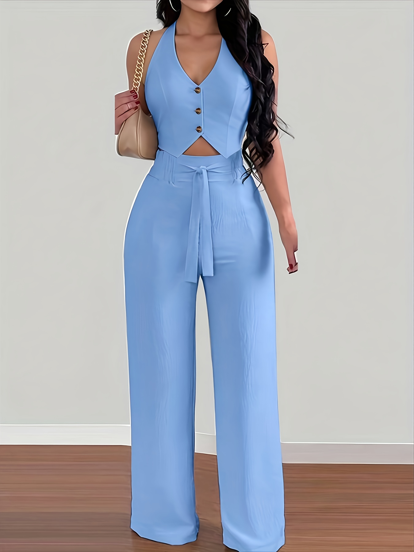 Nuevo conjunto de dos piezas para mujer: elegante top halter sin espalda y pantalones de pierna ancha, ideal para vacaciones y un estilo casual - Imagen 10