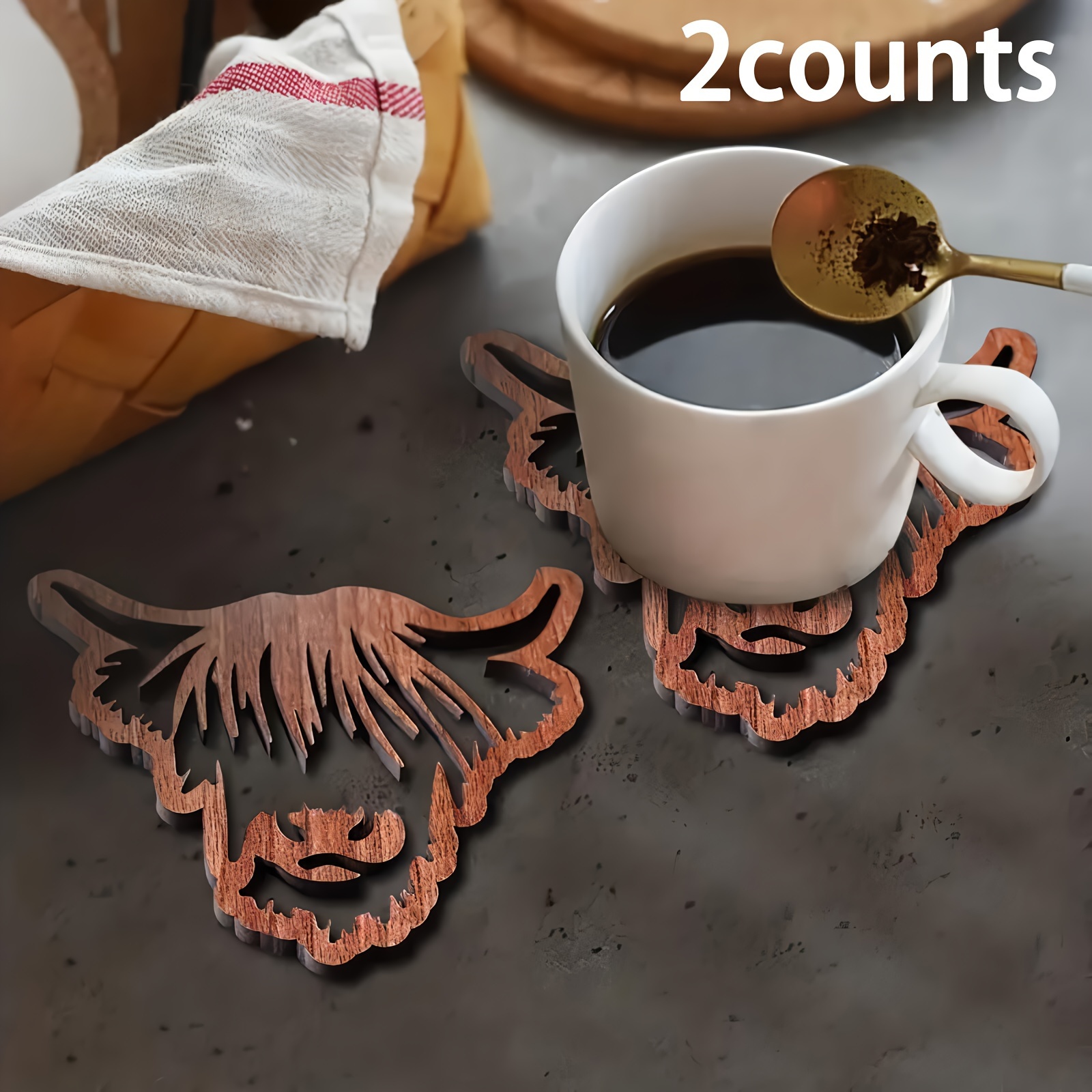 

2-pack Highland Cow Wooden Coasters, Hollow-out Heat Resistant Mats, Anti-slip Table Placemats For Room Decor, Diy Kitchen Accessories, , Wedding Party Decorations