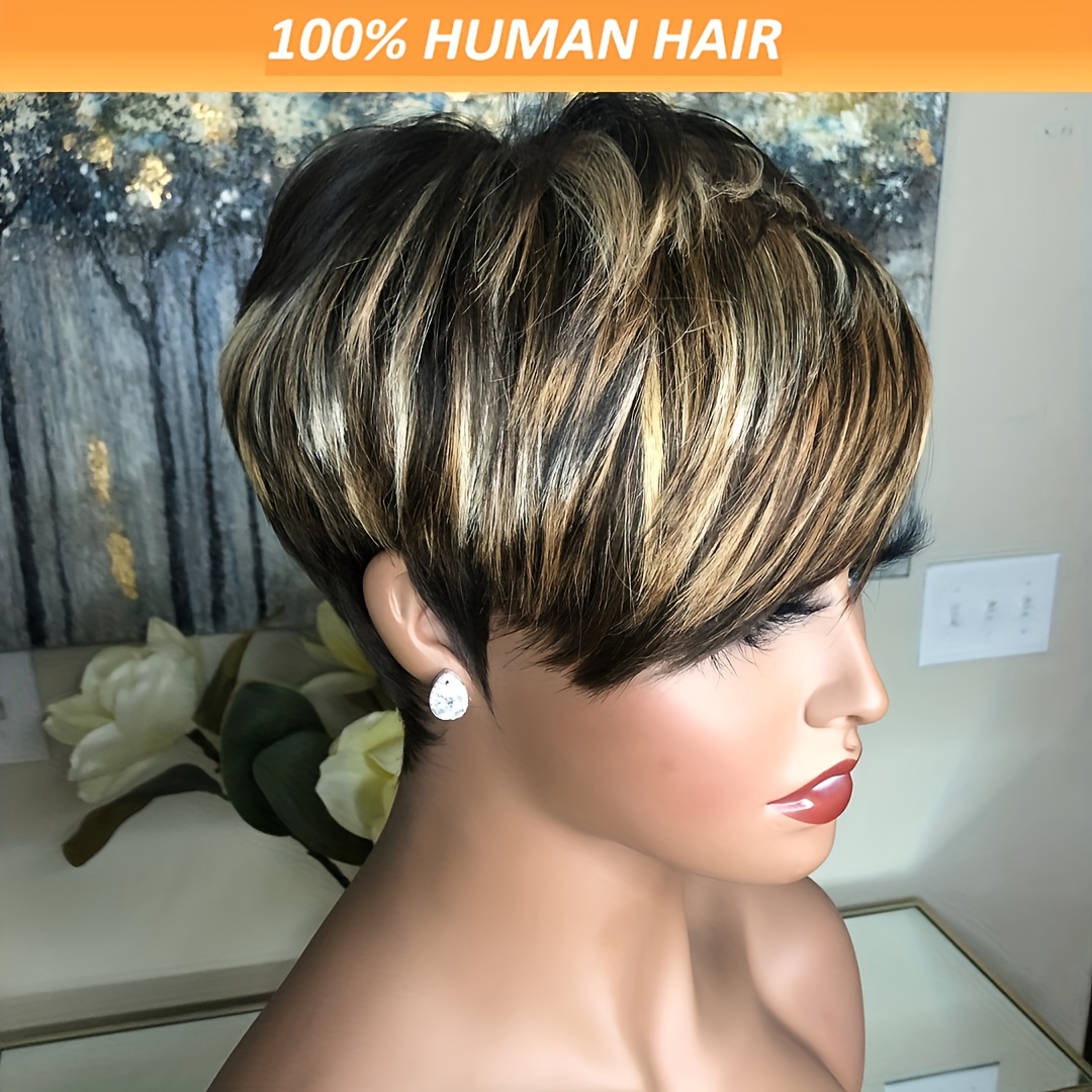 

Women's Cut Wig - Short Straight Layered Cap - 100% Virgin Peruvian Human Hair Wig With Bangs - 180% Density, Wig For Daily & Cosplay Wear - Suitable For African