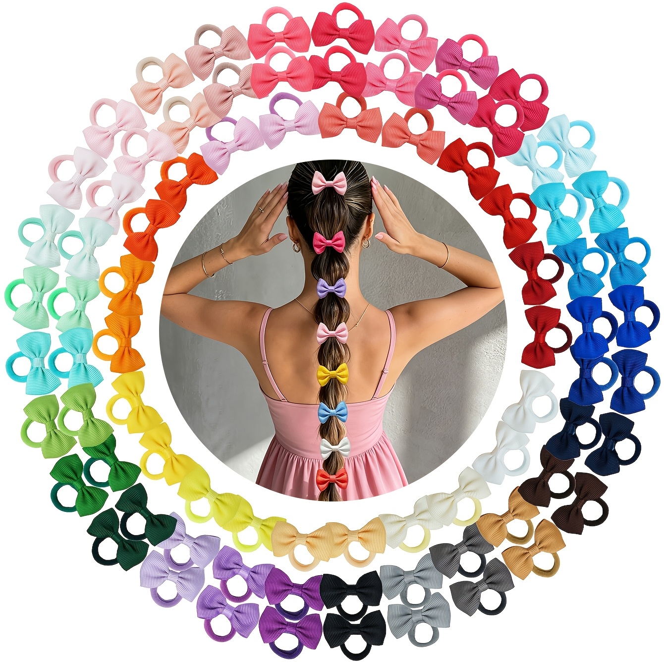 TEMU 48pcs Candy-colored Mini Bow Hair Ties, Hand-sewn Elastic Bands, Elastic Hair Scrunchies, Skin-friendly Hair Care, Suitable For Back-to-school