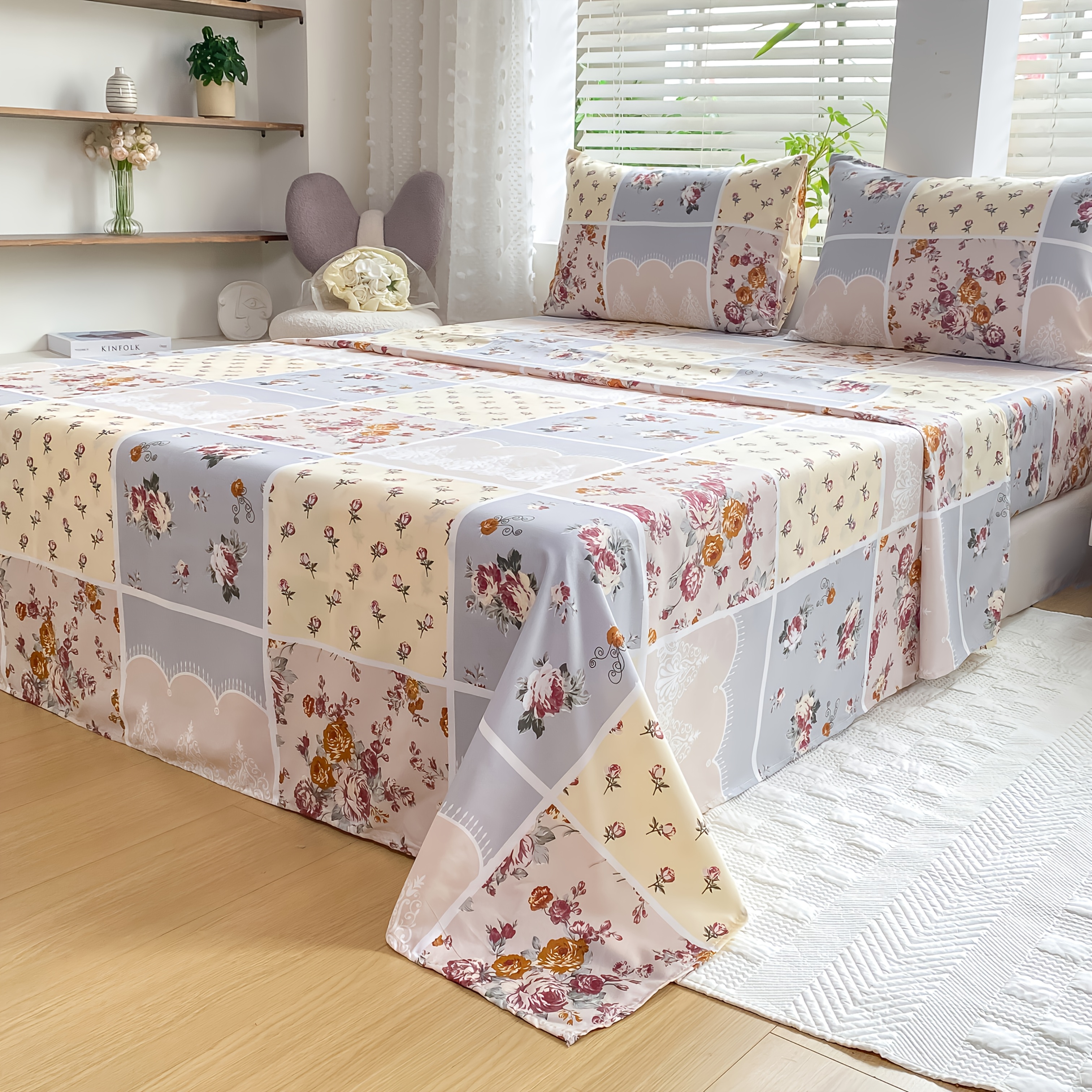 4pcs Flower Stitching Print Fitted Sheet Set, Soft Comfortable Breathable Bedding Set, For Bedroom Hotel Dorm (1*flat Sheet + 1* Fitted Sheet + 2*pillowcases, Without Core)