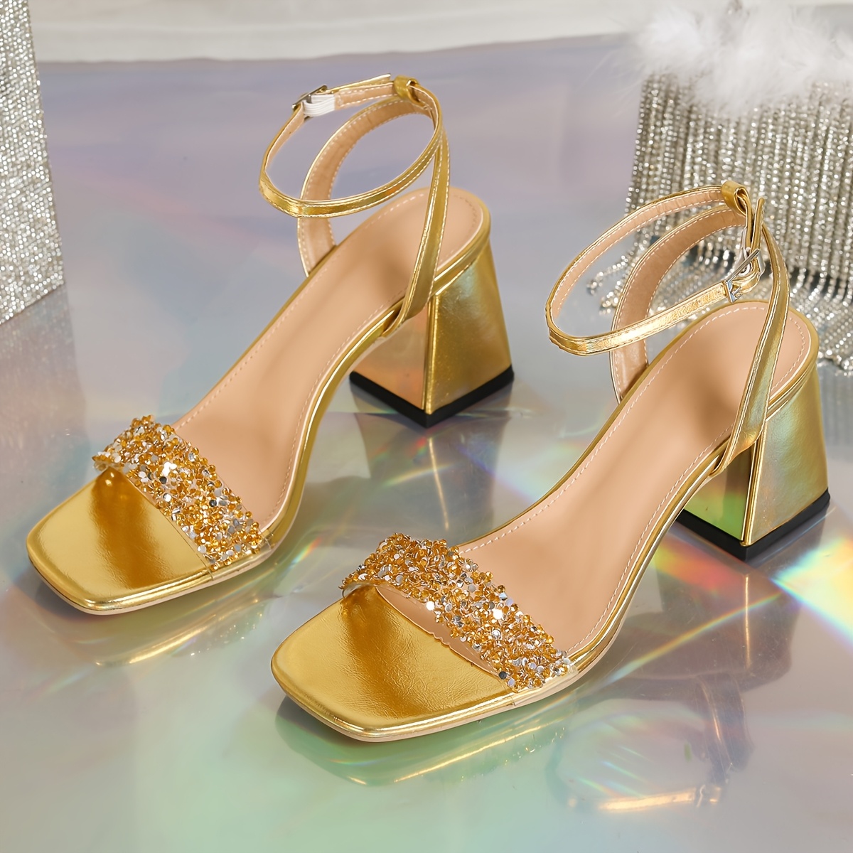 sandales à talons épais femmes bout carré doré confortables Temu