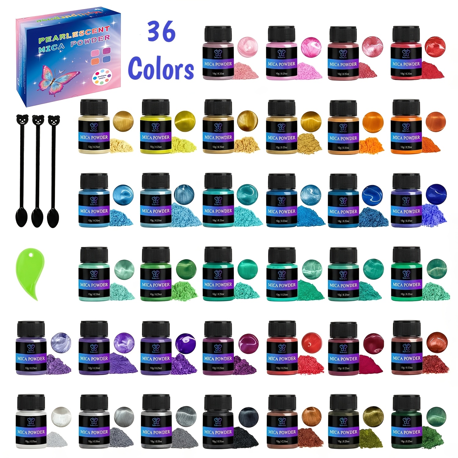 Image of 36 Colors Mica Powder (10g/bottle) | Pearlescent Epoxy Resin Dye And Soap Colorant For Crafts, Candles, Slime, Tumblers