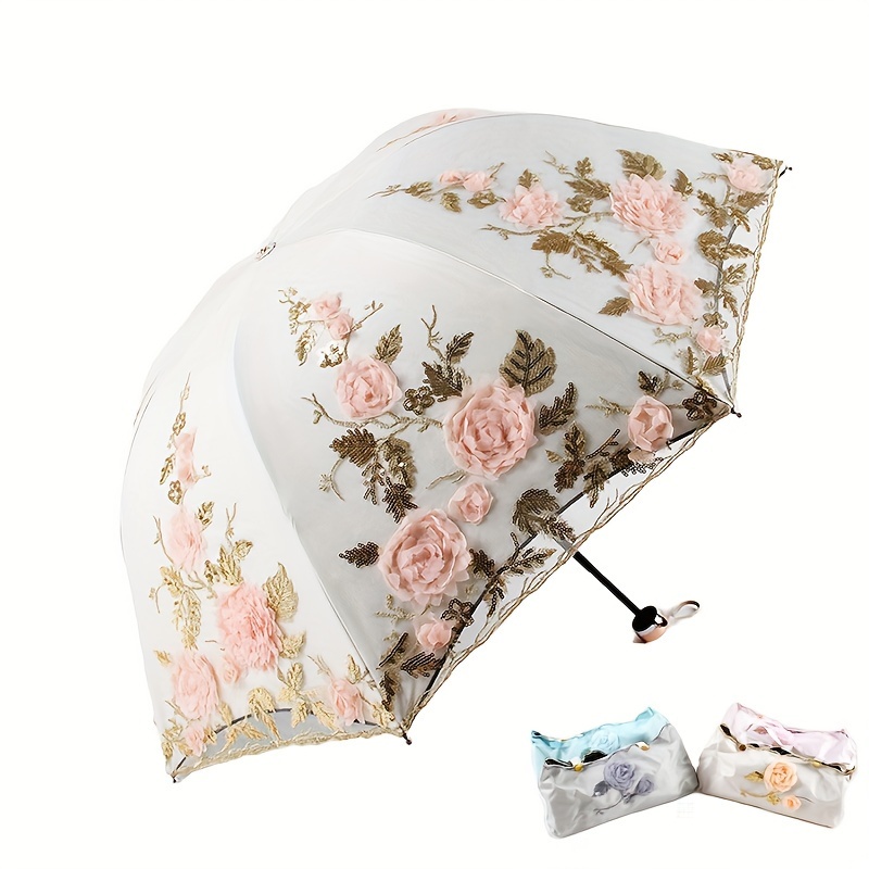 

Elegant Lace Embroidered Princess Folding Umbrella With Uv Protection, Sun And Rain Dual-use Umbrella With Embroidered Carry Bag