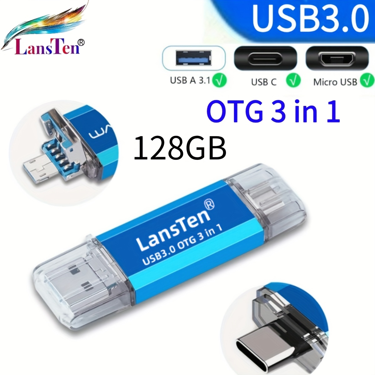 Lansten 16gb/32gb/64gb/128gb 3-in-1 Usb C Flash Drive Usb-a+type-c 3.0 Otg/speed Usb C Storage Flash Drive Compatible Smartphone/tablets/computers