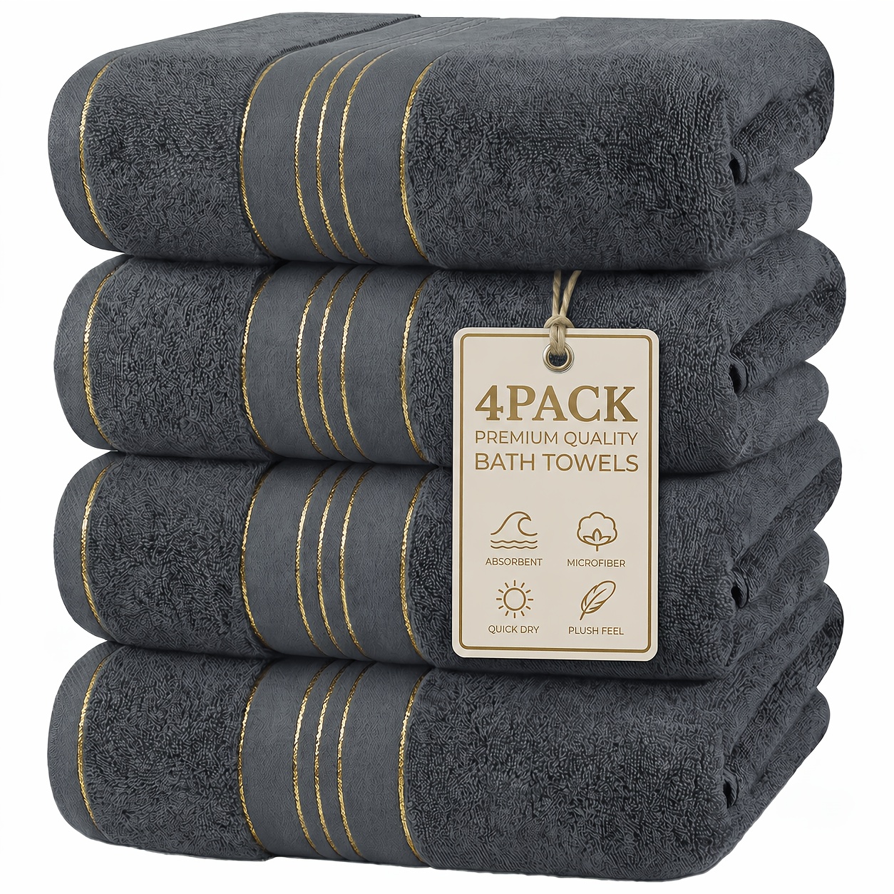 TEMU 4 Pack Bath Towels Set, Extra Absorbent And Ultra Soft Shower Towels, Dense Weave Low Lint Design With Decorative Stripes, Quick Dry Bath Towel