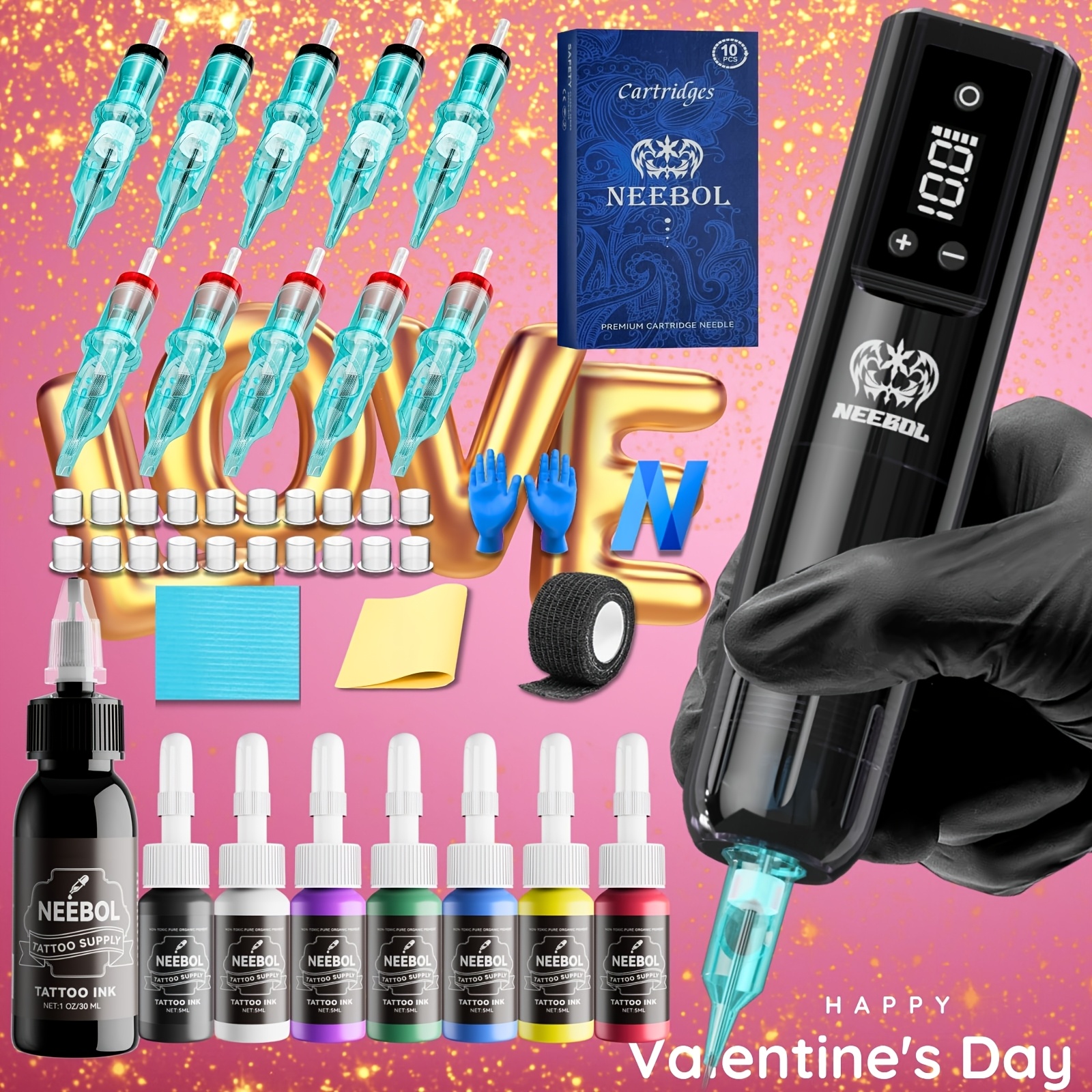   complete cordless tattoo kit with wireless rotary tattoo pen lcd gun 6h battery 10 needles 8 inks extra black ink suitable for beginners and professional   tattoo machine for body art supplies