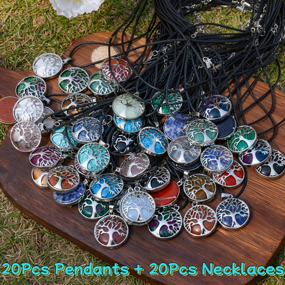 TEMU 40pcs Bohemian Tree Pendant Necklace With Multicolor Pendants & Black Pu Cords - 20pcs Charms Suitable For Women Men, Casual Wear, Gift,