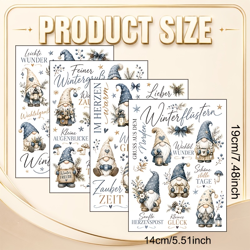 TEMU 4pcs Nordic Winter Gnome Theme Uv Transfer, Featuring Cute Gnomes Holding Gifts, Lanterns, And Flower Bunches With Plants And Handwritten German