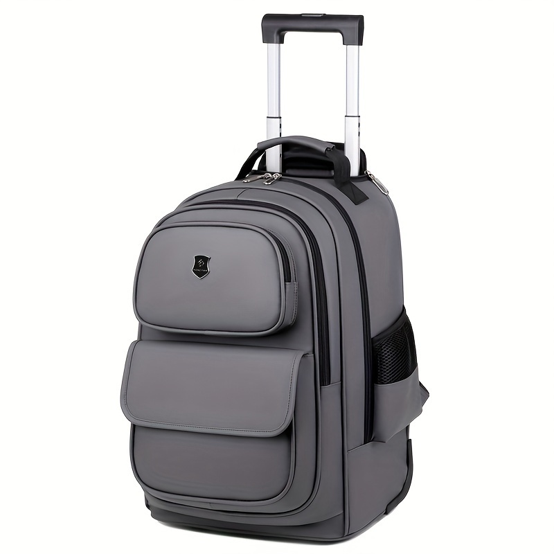 multi functional rolling backpack high quality oxford material large capacity multiple storage compartments quiet wheels hidden telescopic handle unisex casual fashion mens shoulder bag for travel and leisure details 1