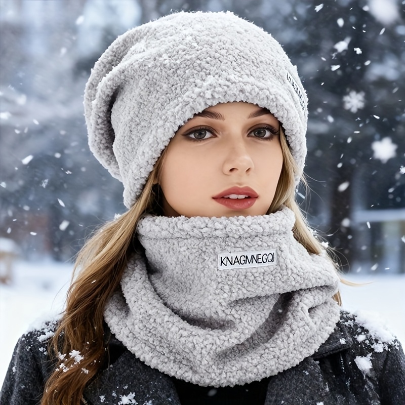 TEMU 2pcs Autumn/winter Solid Color Hat And Scarf Set - Fleece-lined Thickened Lamb Warm Hat And Scarf, Soft Polyester Material, Unisex Design,