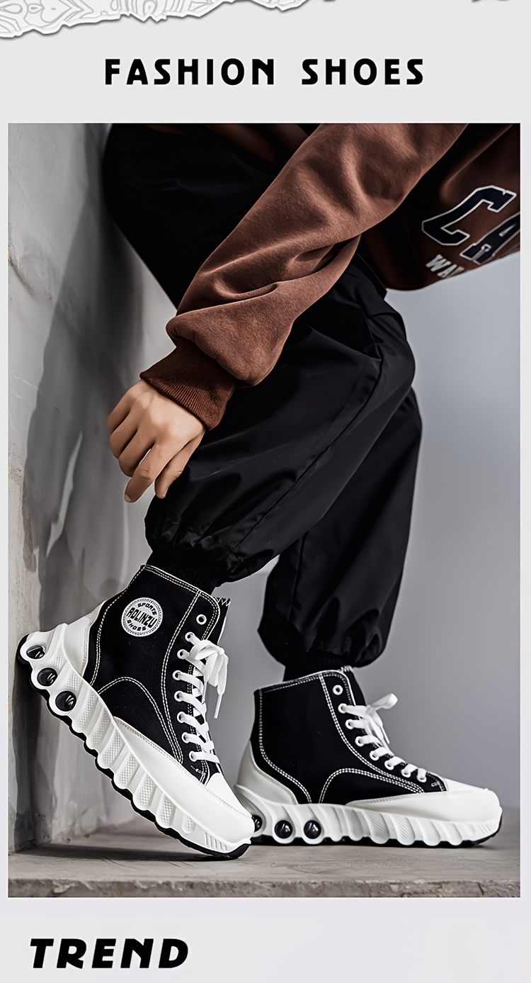 Explosive High Top Shoes for Spring and Summer 2025 | New Height Increasing Thick Soled with Wavy Sole, Classic Black sneakers for Men, Mid Top, Fabric Upper, PVC Sole