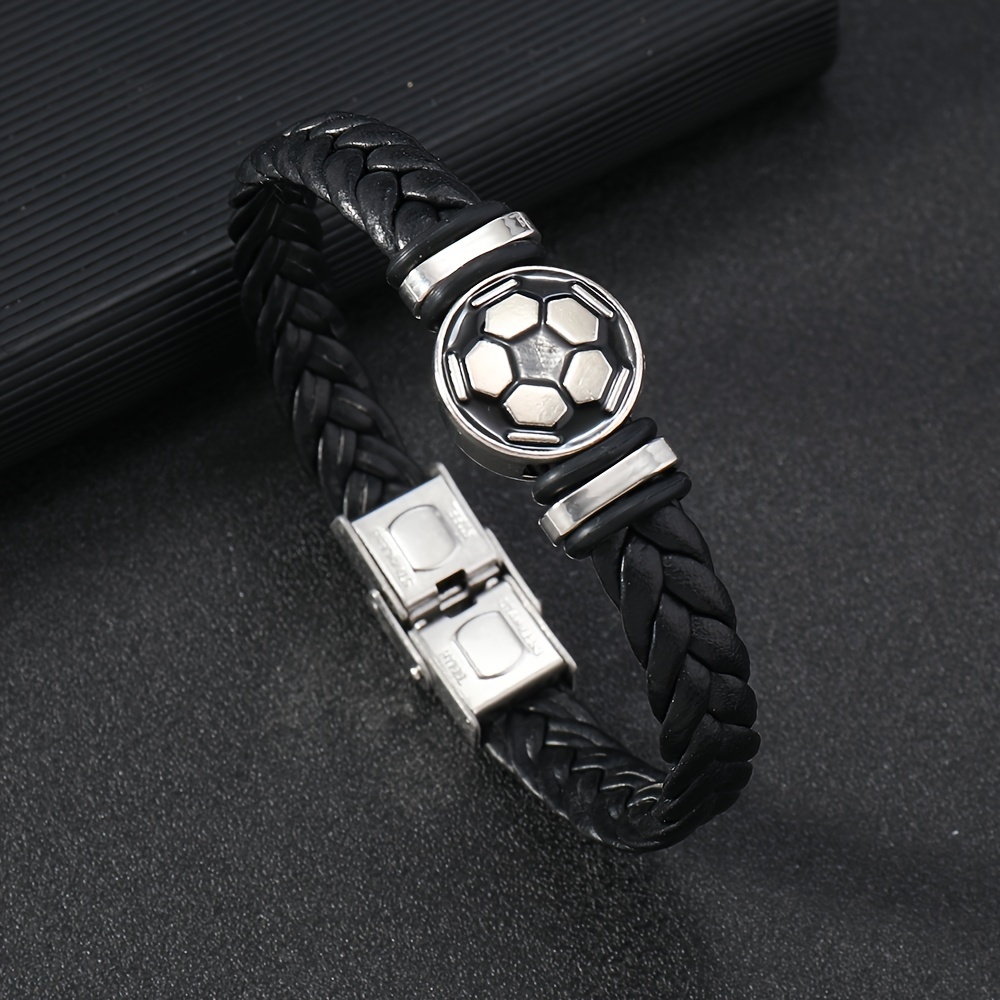 

1pc Huanming Men' Leather Soccer Fan Bracelet With Football Charm - Stainless Steel Clasp, Adjustable Sports Gift For Team Enthusiasts, Soccer Accessories, Huanming