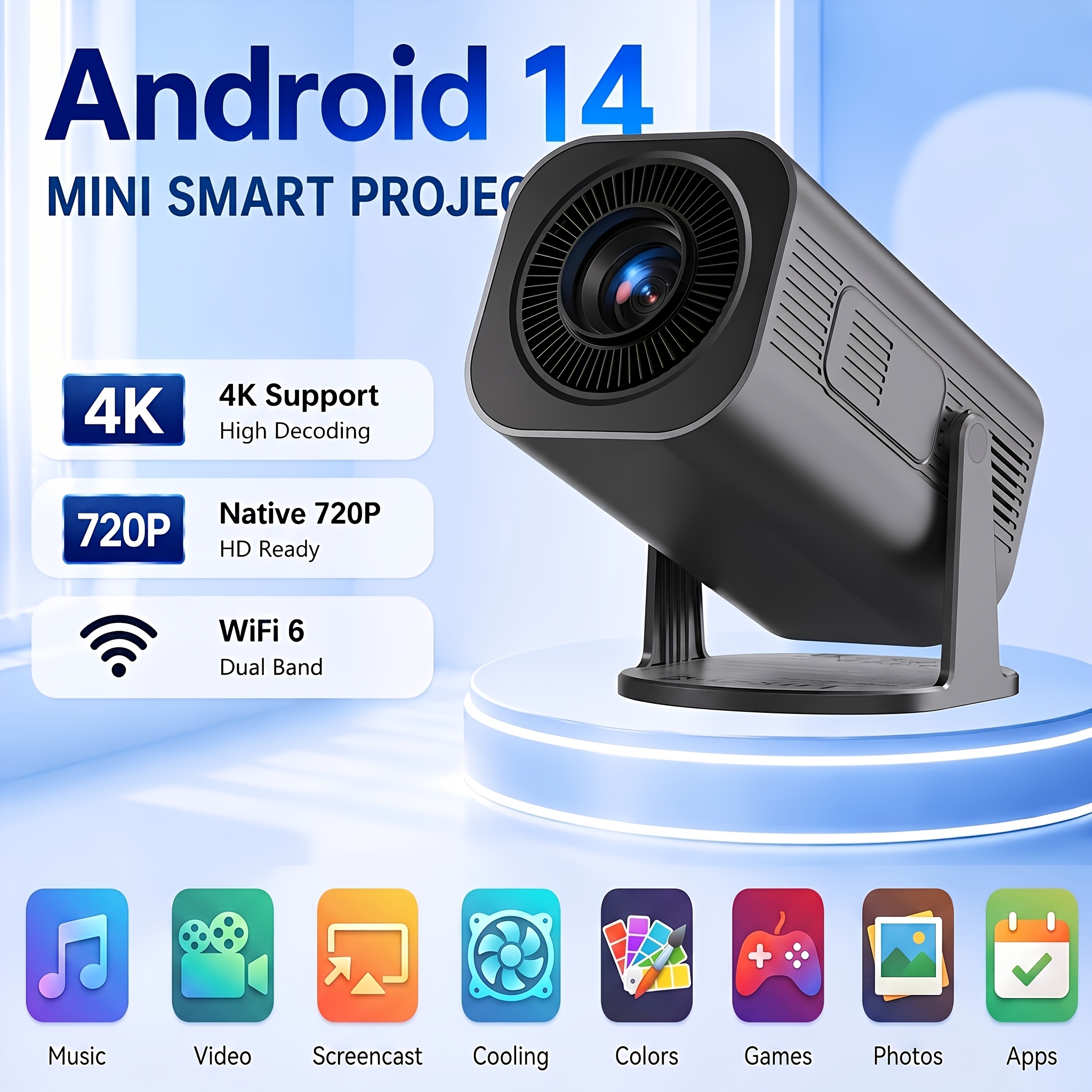 Luxvyn Mini 14 Smart Projector, Dual Wifi6 Bt5.2 340 Ansi Local 720p Support 4k , 340 Ansi 180° Rotation Portable Projector For Home Theater Outdoor Bedroom Gaming Office