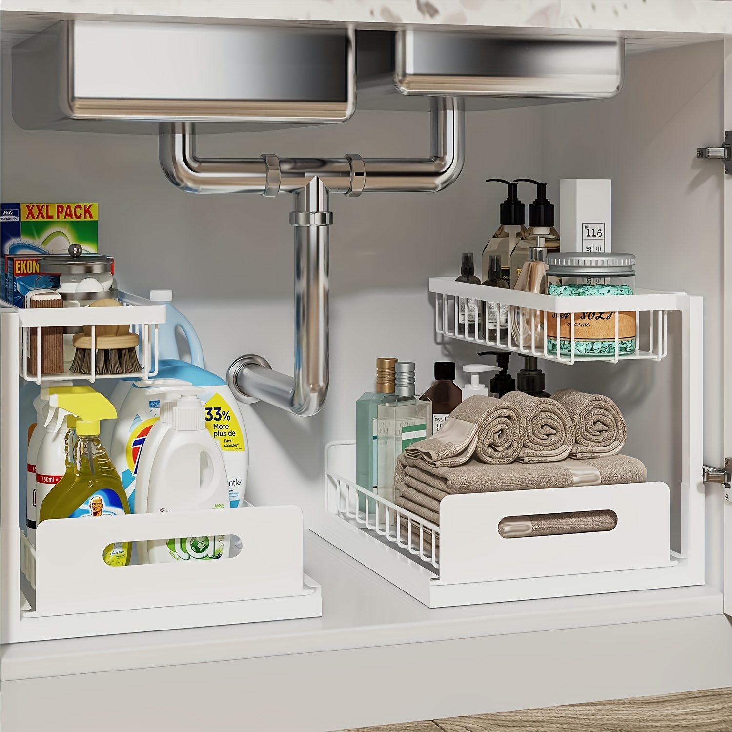 TEMU 2-tier Pull-out Under Sink Organizer - Metal Slide Out Shelf For Kitchen & Bathroom Cabinets