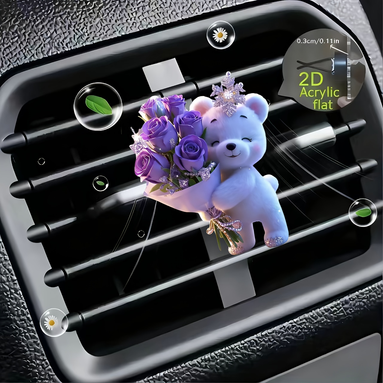 TEMU 2d Flat, 1pc Purple Bear Holding A Bouquet Of Tulips, Reusable Car Air Freshener Perfume Diffuser Clip, Car Vent Interior Accessory, Car Scent