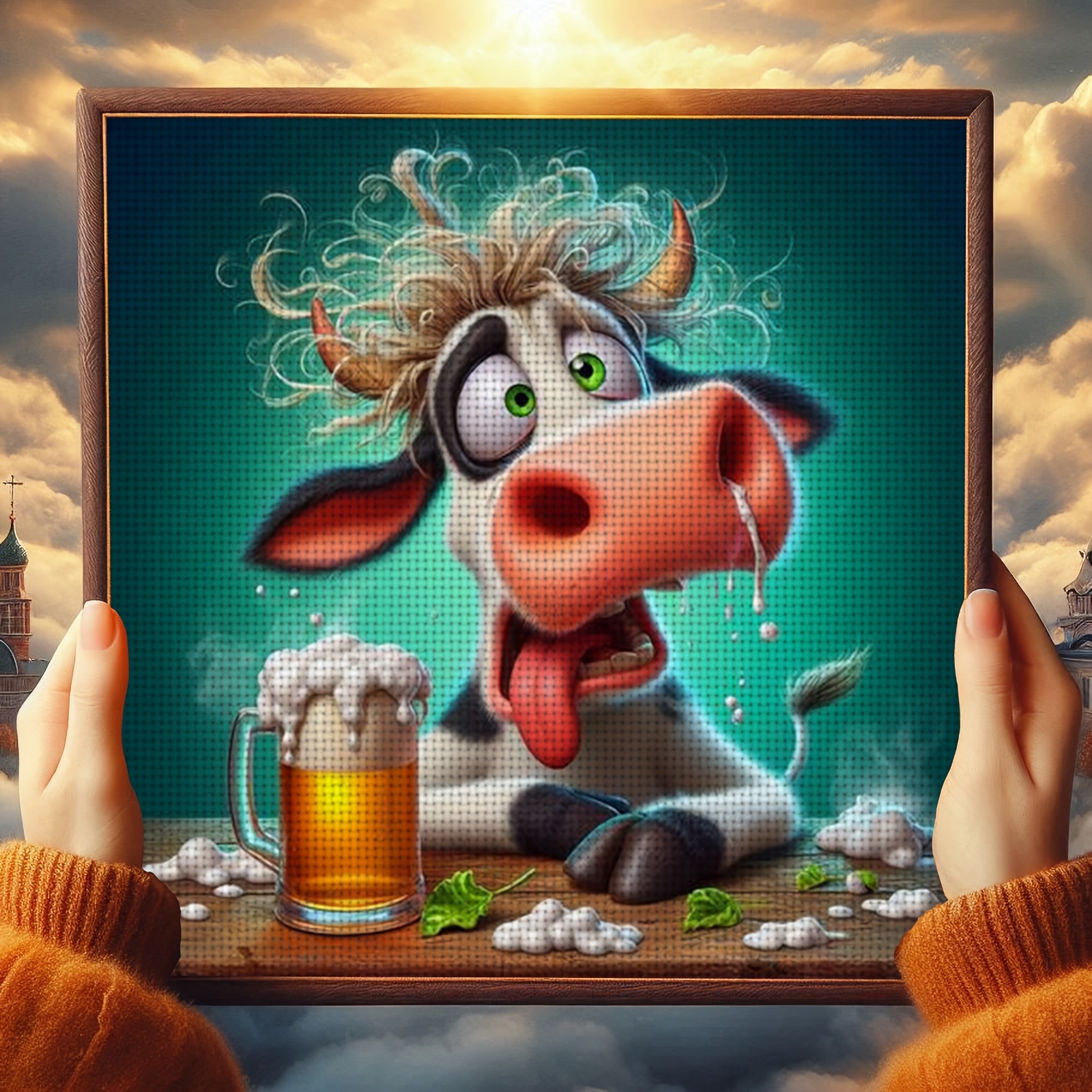 Cross-Stitch Printed Kit, Drunk Cow Tongue Out Drinking Beer