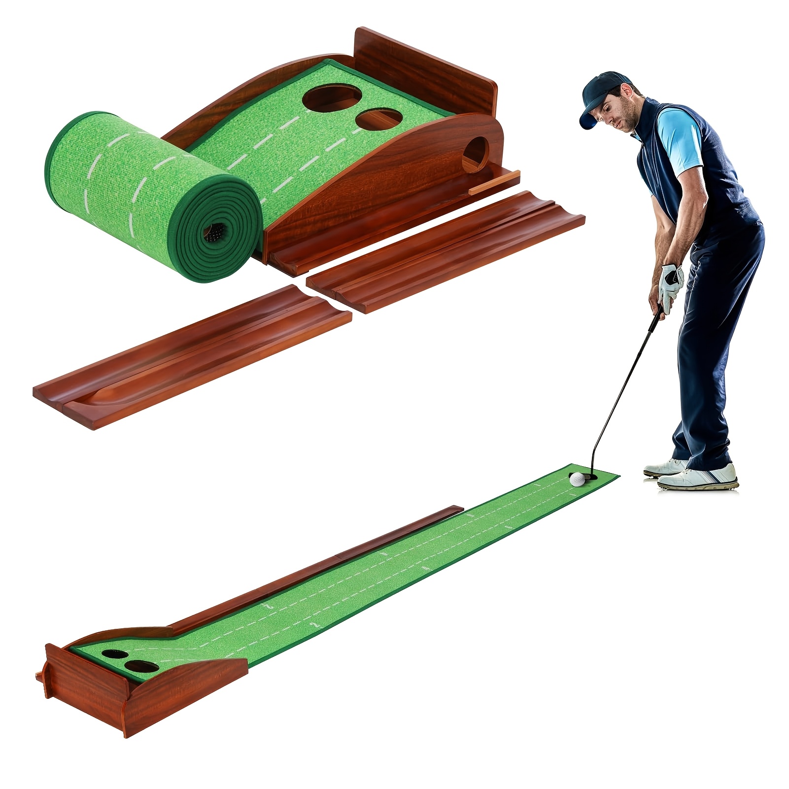 indoor golf putting mat with 2 hole training design anti pin return prevention realistic green surface portable mini game mat for home office     golf training mat portable golf mat natural  