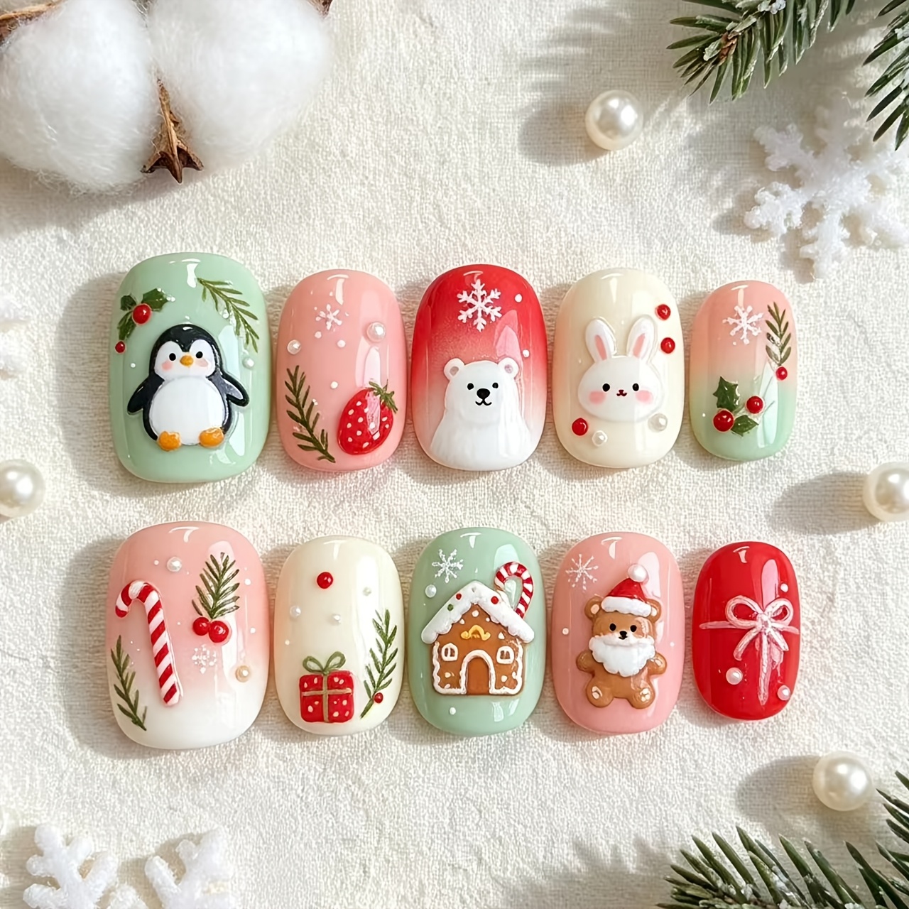 TEMU 24pcs Christmas Edition Sweet And Fun Winter-themed Nail Art With Color-block Gradient Penguin, Polar Bear, Cute Bunny, Little Bear, Gingerbread