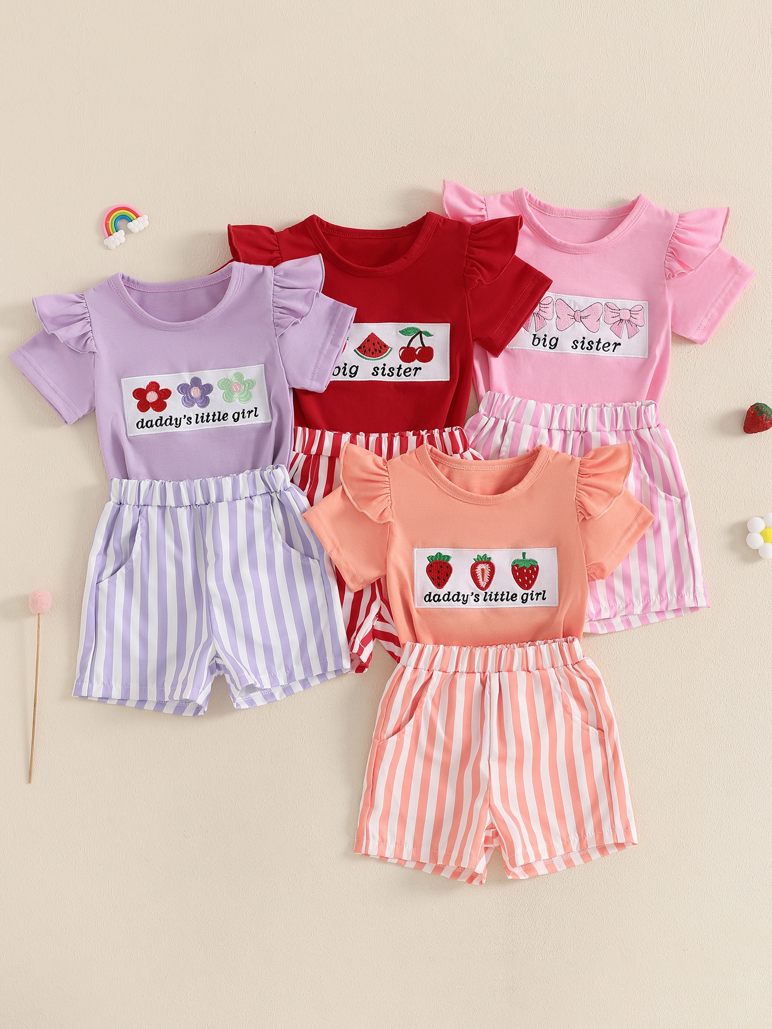 Toddler Girls Summer Outfit Embroidery Flying Sleeve T-Shirt  and Elastic Striped Shorts Set Cute 2pcs Clothes