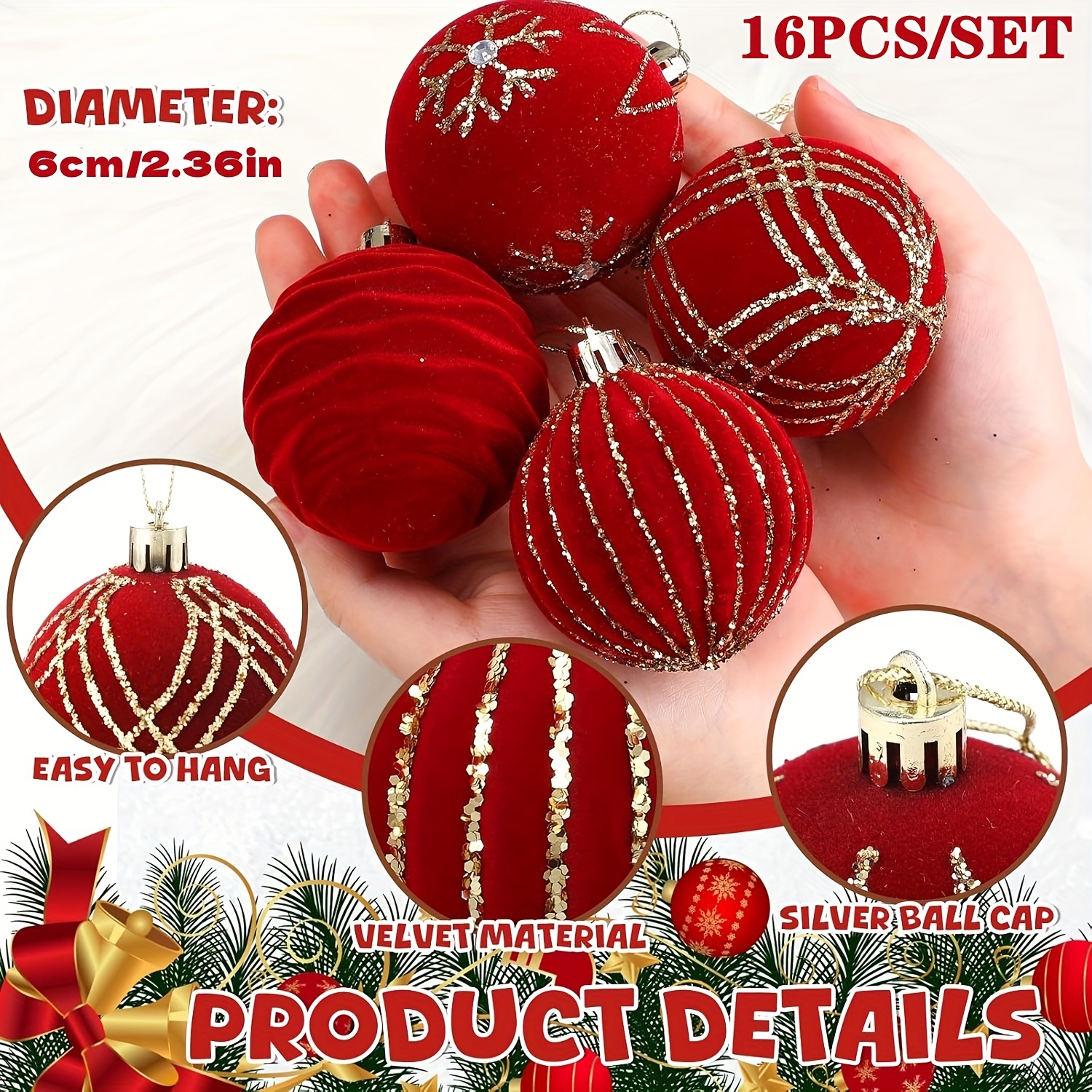 Image of 16pcs Velvet Christmas Tree Ornaments Bulk 4 Styles Red Flocked Christmas Balls Plastic Shatterproof Xmas Hanging Ornaments Decorations Set For Tree Garland Wreath