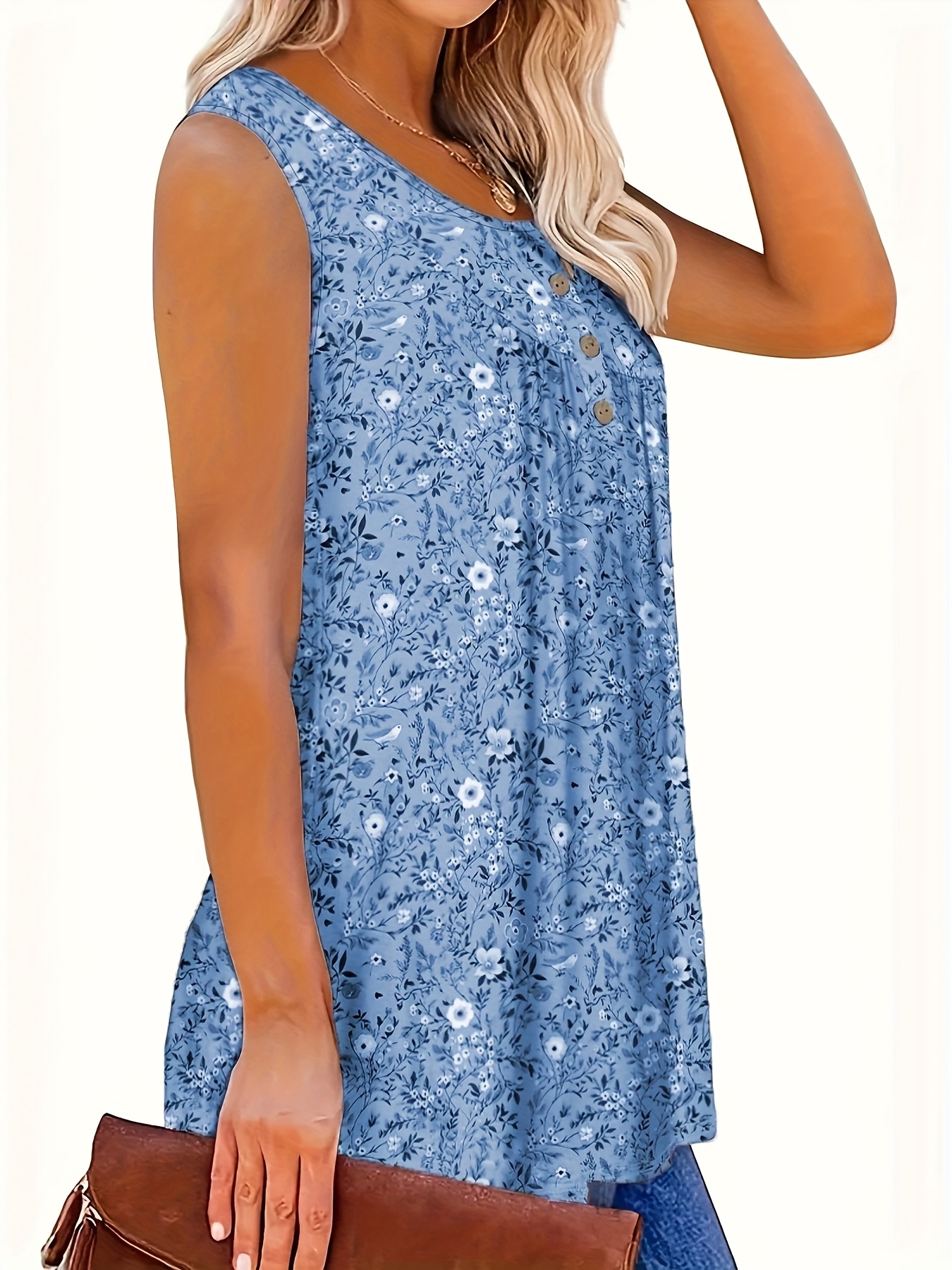 Women'S Floral Print Sleeveless Henley Neck Top - Casual Summer Tank Top, Green with White Flowers, V-Neck, Button Detail, Polyester Fabric, Perfect for Vacation or Casual Attire, Summer Casual Wear | Vneck Top | Medium Stretch Material, Floral Print Tank To