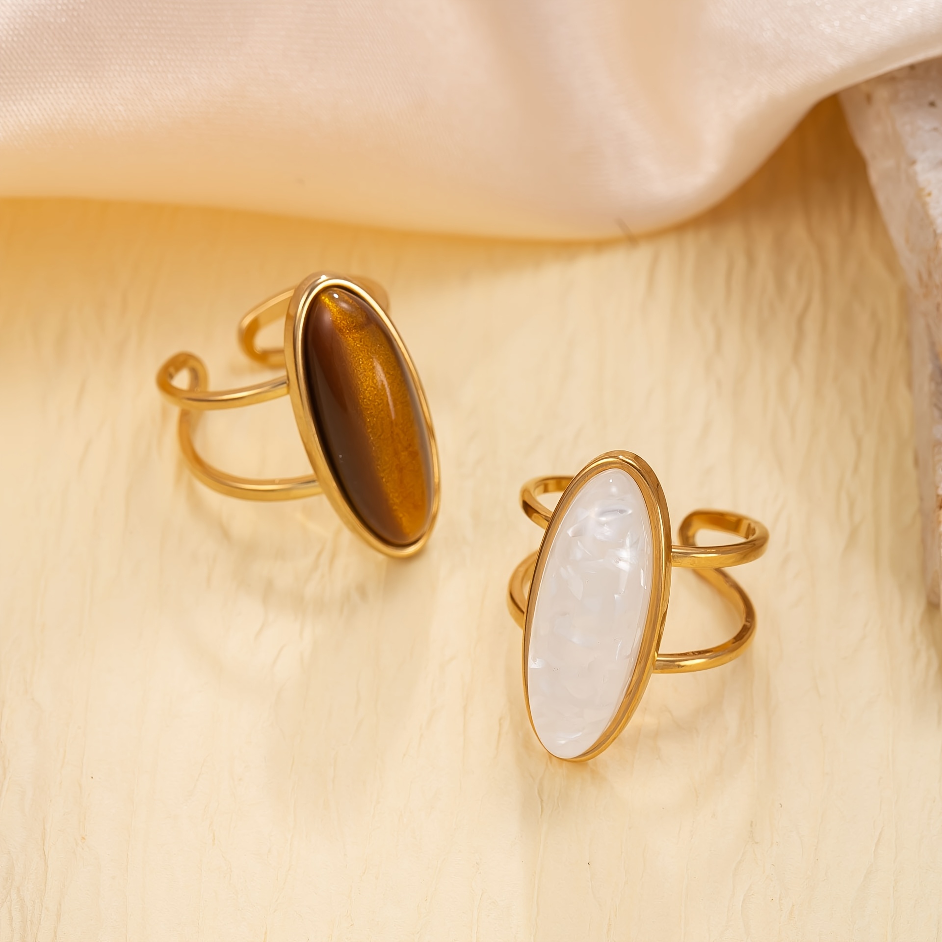 TEMU 2pcs Fashionable Stainless Steel Open Rings, Resin Inlaid, Oval Long Strip