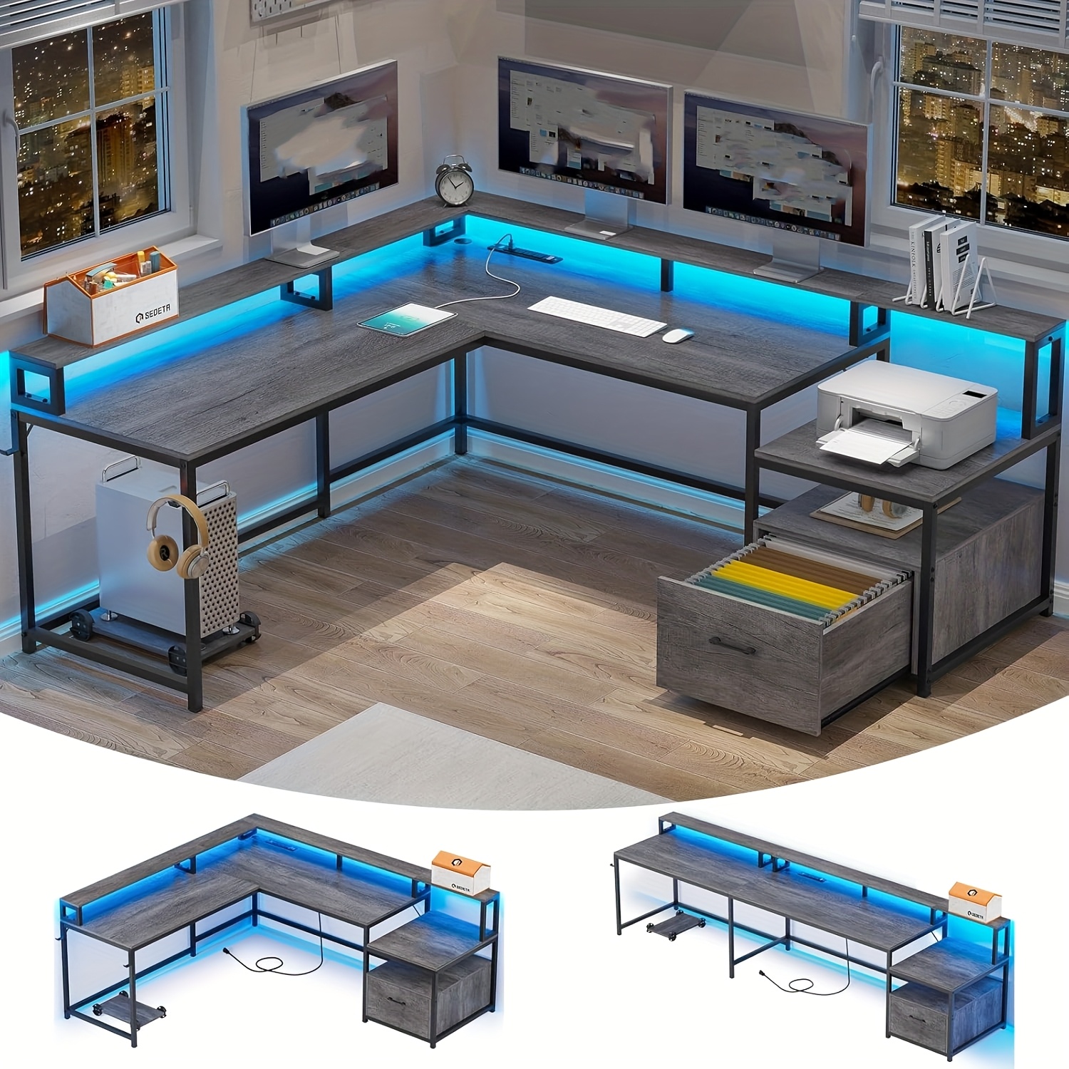 l shaped desk for home office reversible corner computer desk with file drawer led lights and monitor shelf two person desk