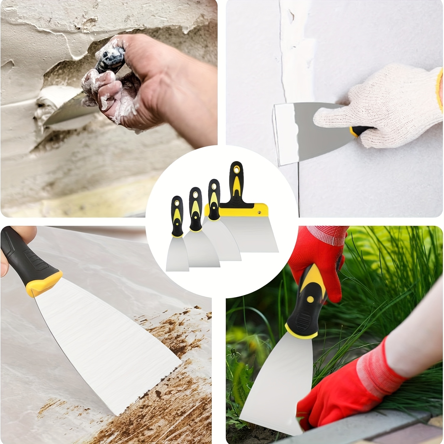 4pcs Multi-Purpose Stainless Steel Putty Knife Set, Stainless Steel Scraper, with Non-Slip Plastic Handle, Painter'S Wall Scraper, Multi-Size Suitable for Wall Repair, Paint Scraping, Filling Putty, Removing Wallpaper (50 Mm, 100 Mm, 150 Mm, 200 Mm)