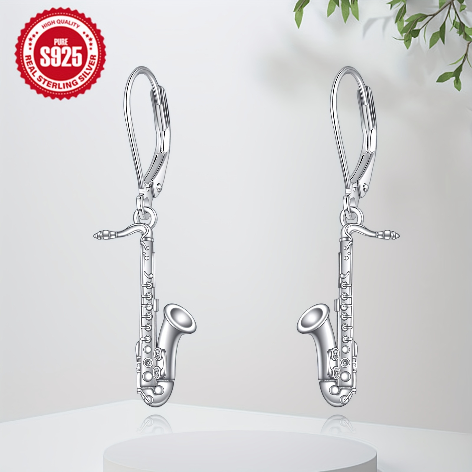Image of Saxophone Earrings Sterling Silver Dangle Drop Leverback Earrings Music Jewellery Harp Gifts For Women Men Saxophone Lover
