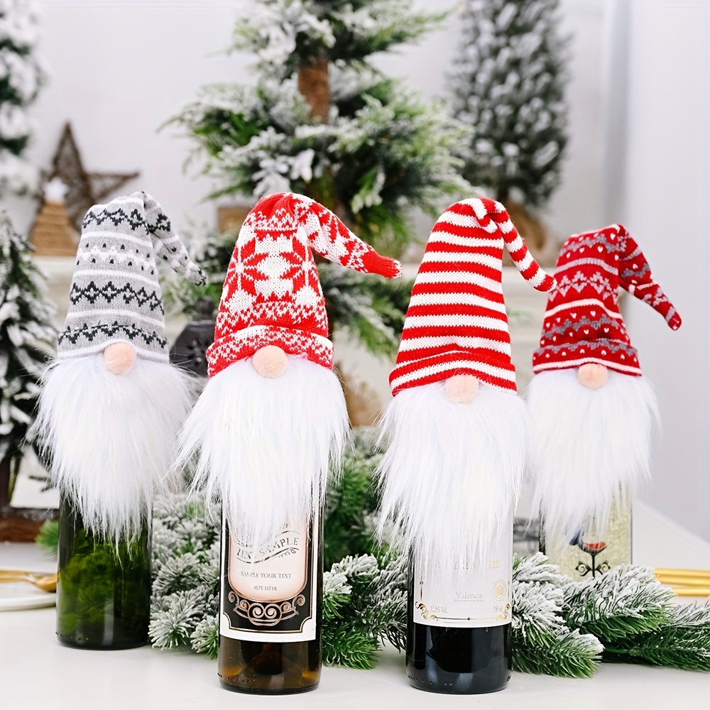 4-pack Christmas Wine Bottle Covers - Fabric Gnome Beard Bottle Toppers For Decor, Festive Table Centerpieces, Non-electric, Featherless Santa Hat Design