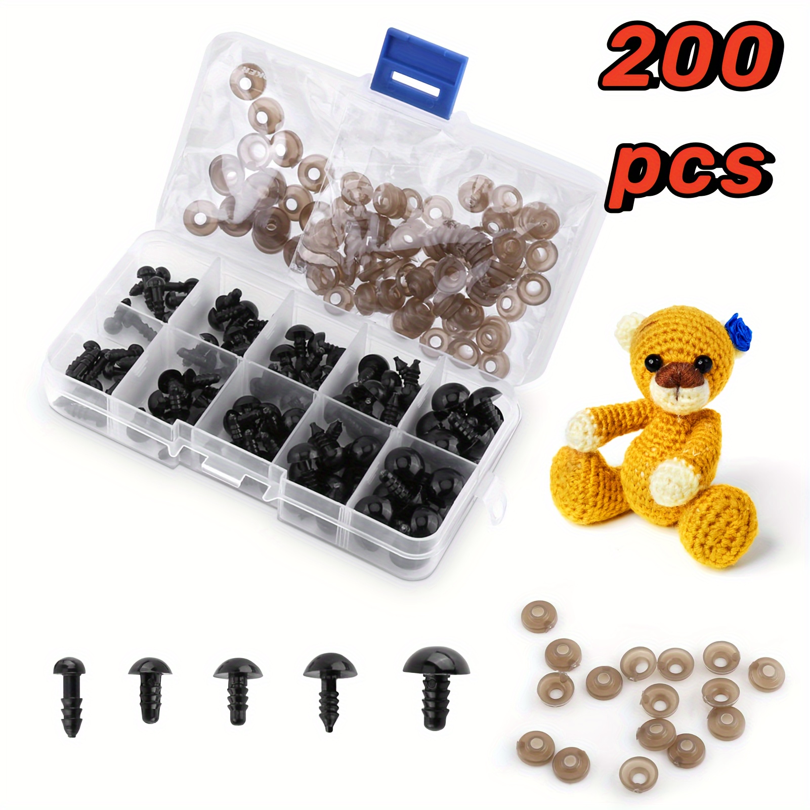 

200pcs Plastic Safety Eyes For Crafts And Amigurumi, Black, Suitable For Ages 14 And Above - Assorted Sizes For Diy Toy Making And Teddy Bear Supplies