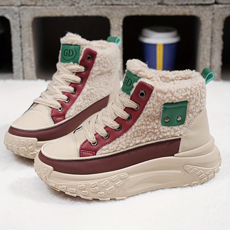 vrouwen winter sneeuwlaarzen met fleece voering, dikke warme enkellaarsjes met vetersluiting, ronde   & rubberen   - pu bekleding middelhoge hak voor koud   grip, witte winterlaarzen, mode schoenen 9
