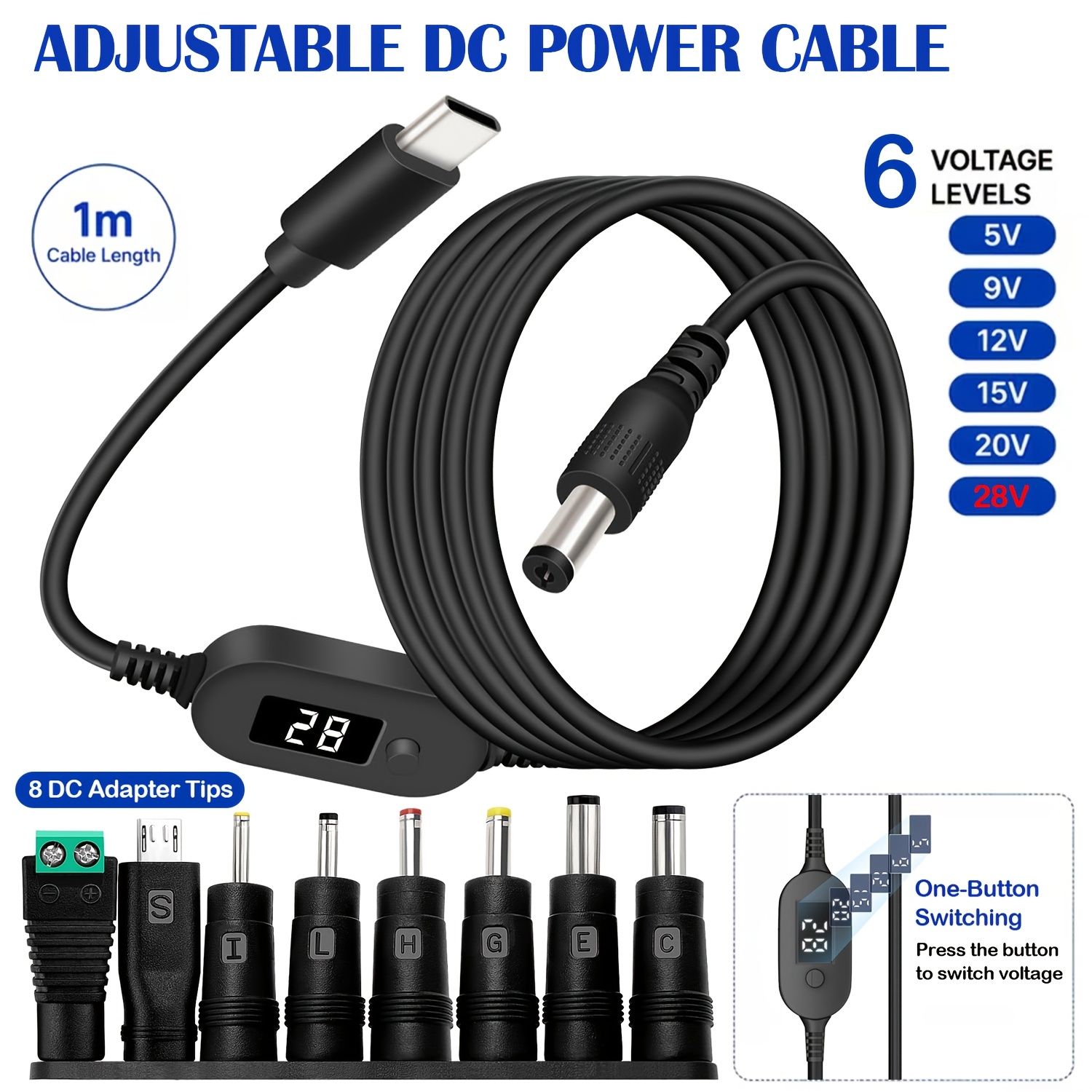 TEMU 1m 5525 Usb-c To Cable With Led Voltage Display Pd Trigger Cable, Compatible With 140w, Adjustable Voltage Button 5v/9v/12v/15v/20v/28v, 8pcs