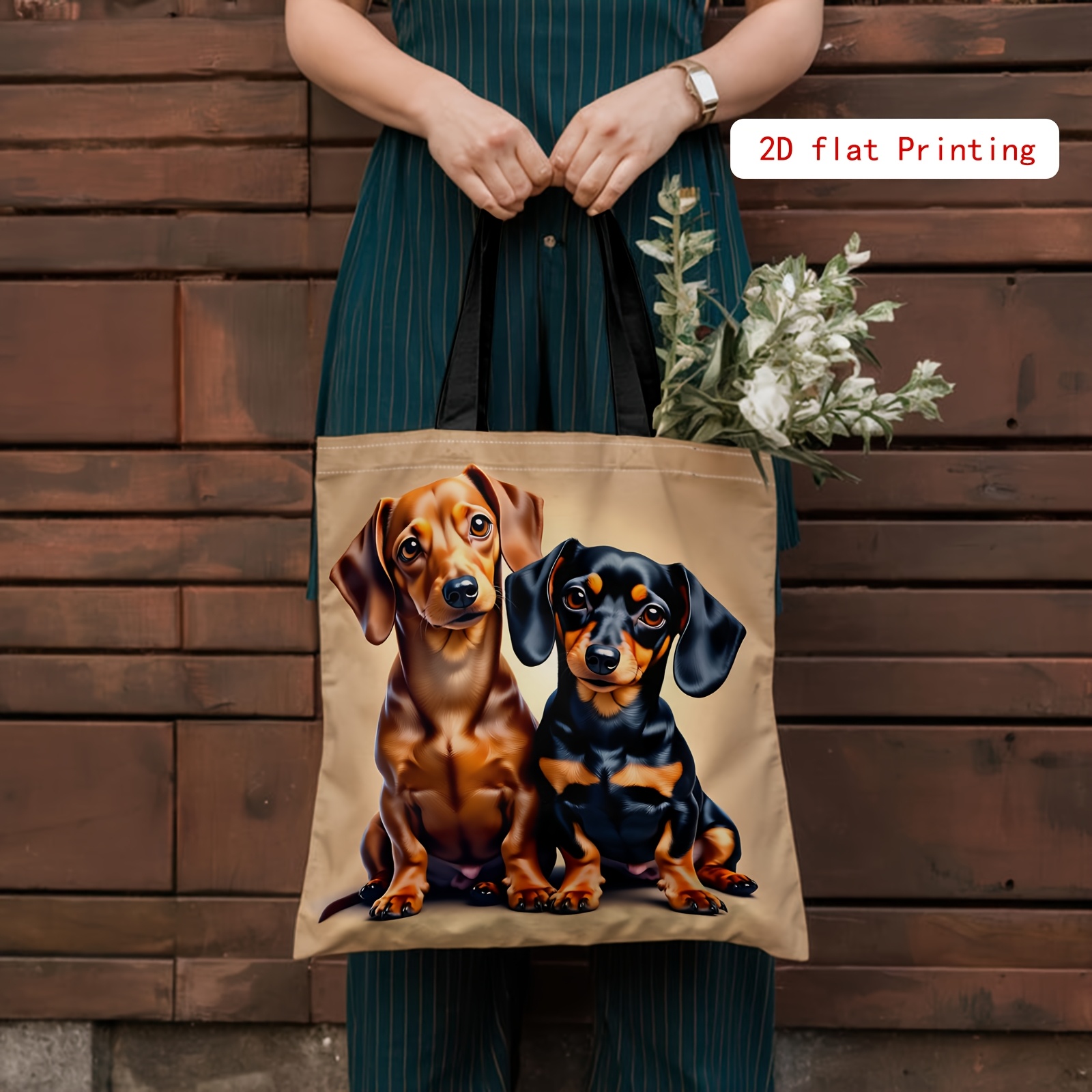 TEMU A Stylish 2d Printed Tote Bag Featuring An Adorable Dachshund . This Dual-dog Companion Themed Tote Bag Has And , Making It A Gift. A Versatile