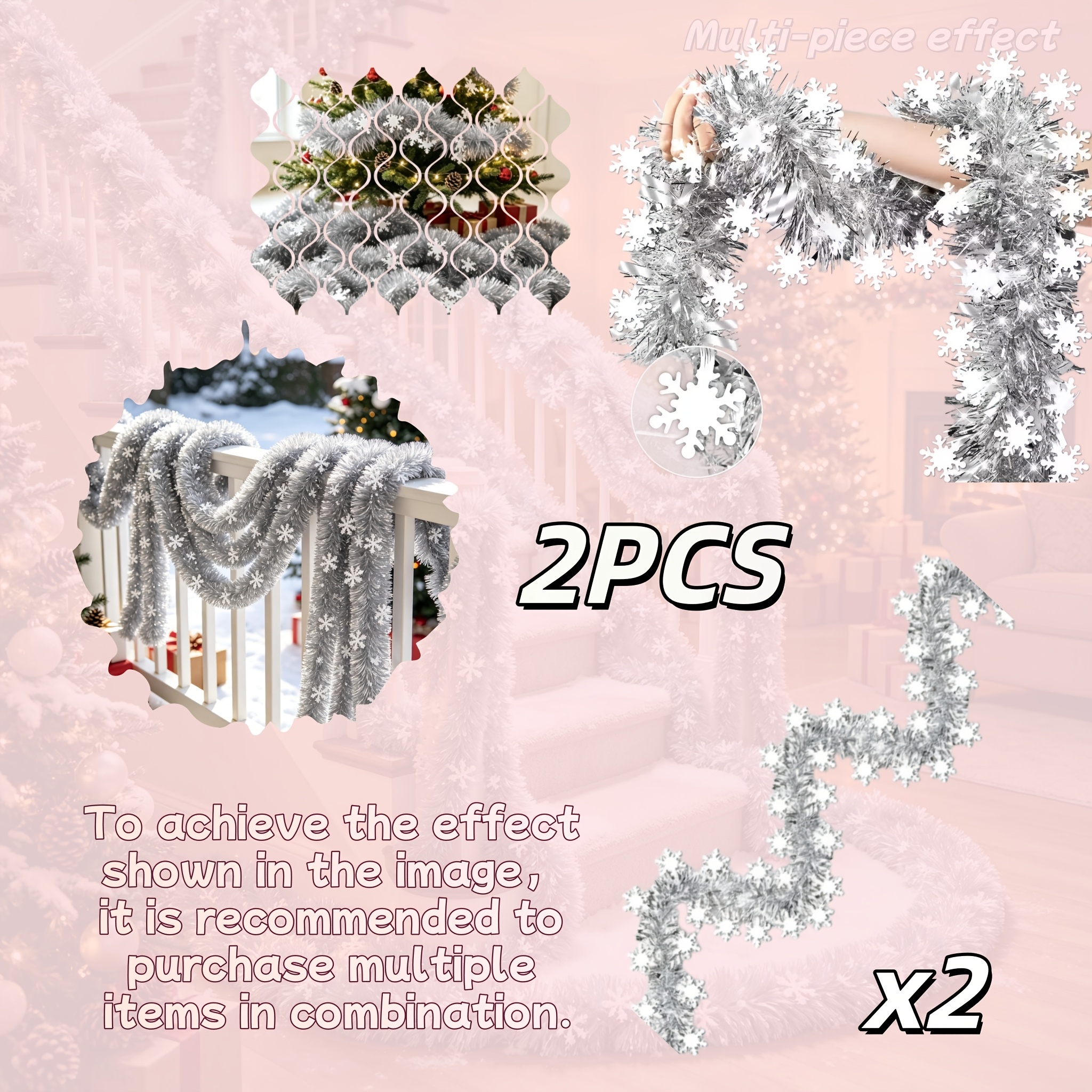 TEMU 2pcs (240-inch) Snowflake Garland & Wreath Ceiling Hanging Decorations - Metallic Foil Tinsel With Plastic Snowflakes Suitable For Christmas