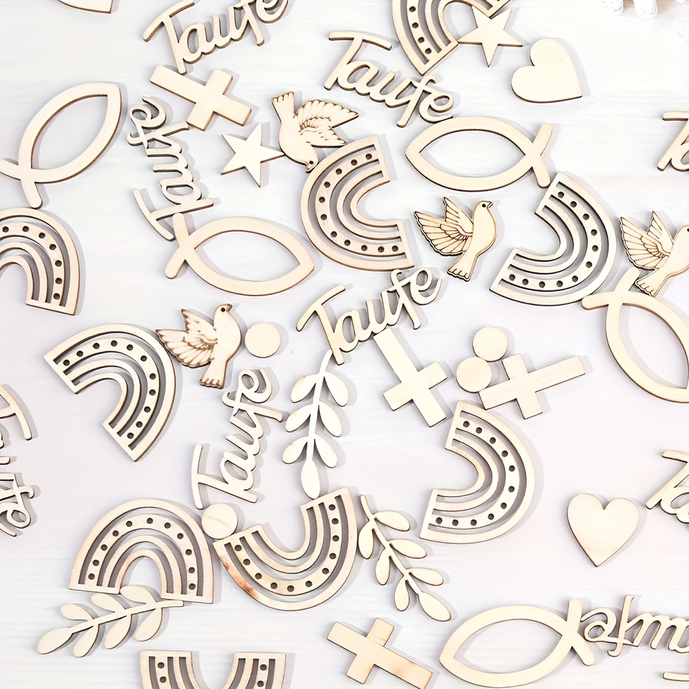 61pcs Finished Wooden Per Pack, Suitable For Baptism, First Communion, Wedding, And Bridal - Includes Fish, Cross, Rainbow Branches, And Designs