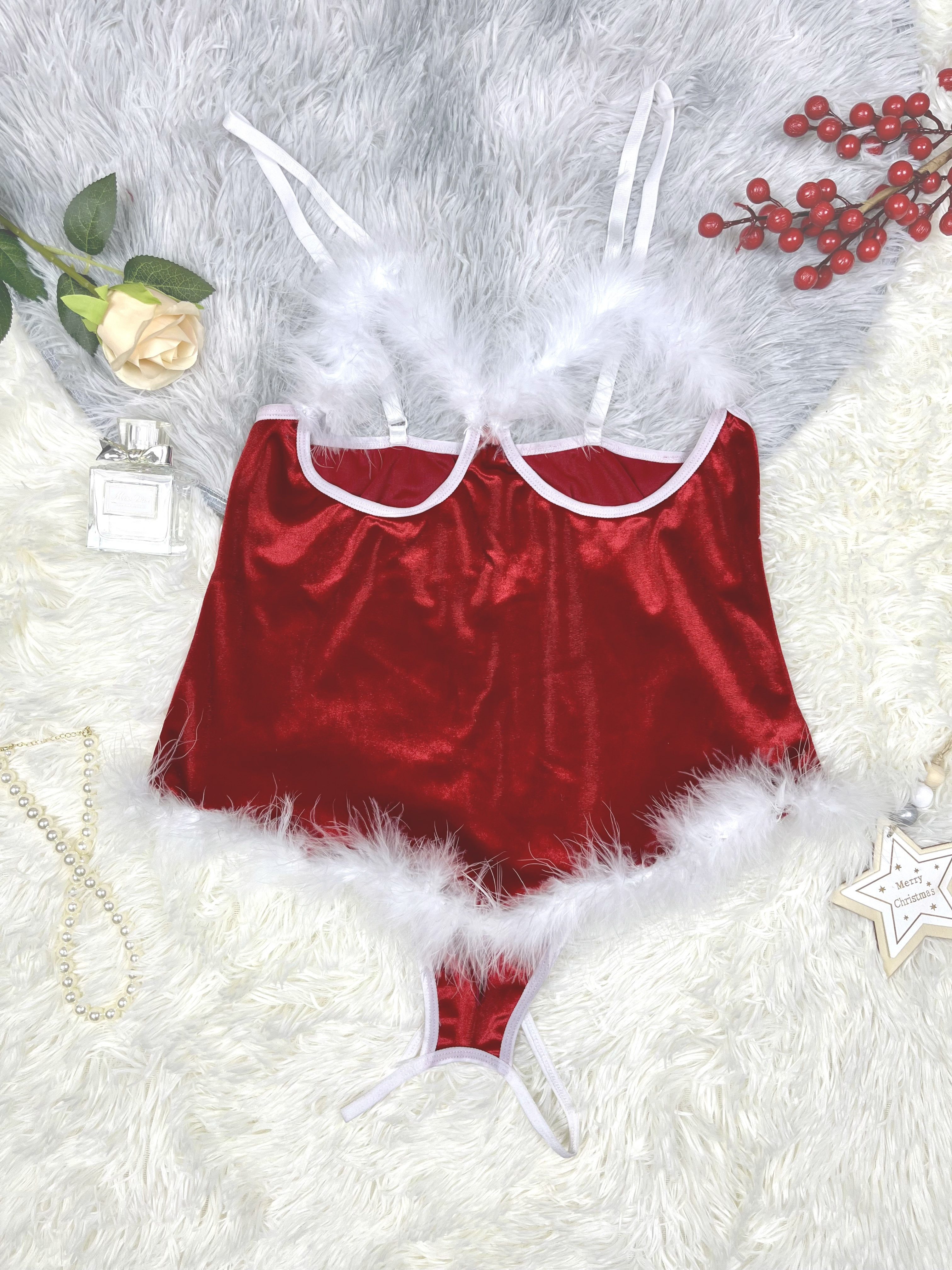 Womens Christmas Lingerie Set Feather Trimming Xmas Santa Claus