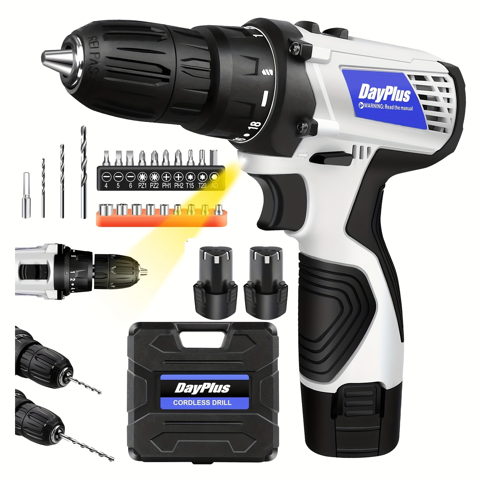 Cordless Drill Driver Cordless Drill 45n.m Drill, 3/8" , Led Light, 18+1 Torque Small Battery Drill, 2 Speed, Cordless Screwdriver Drill Set