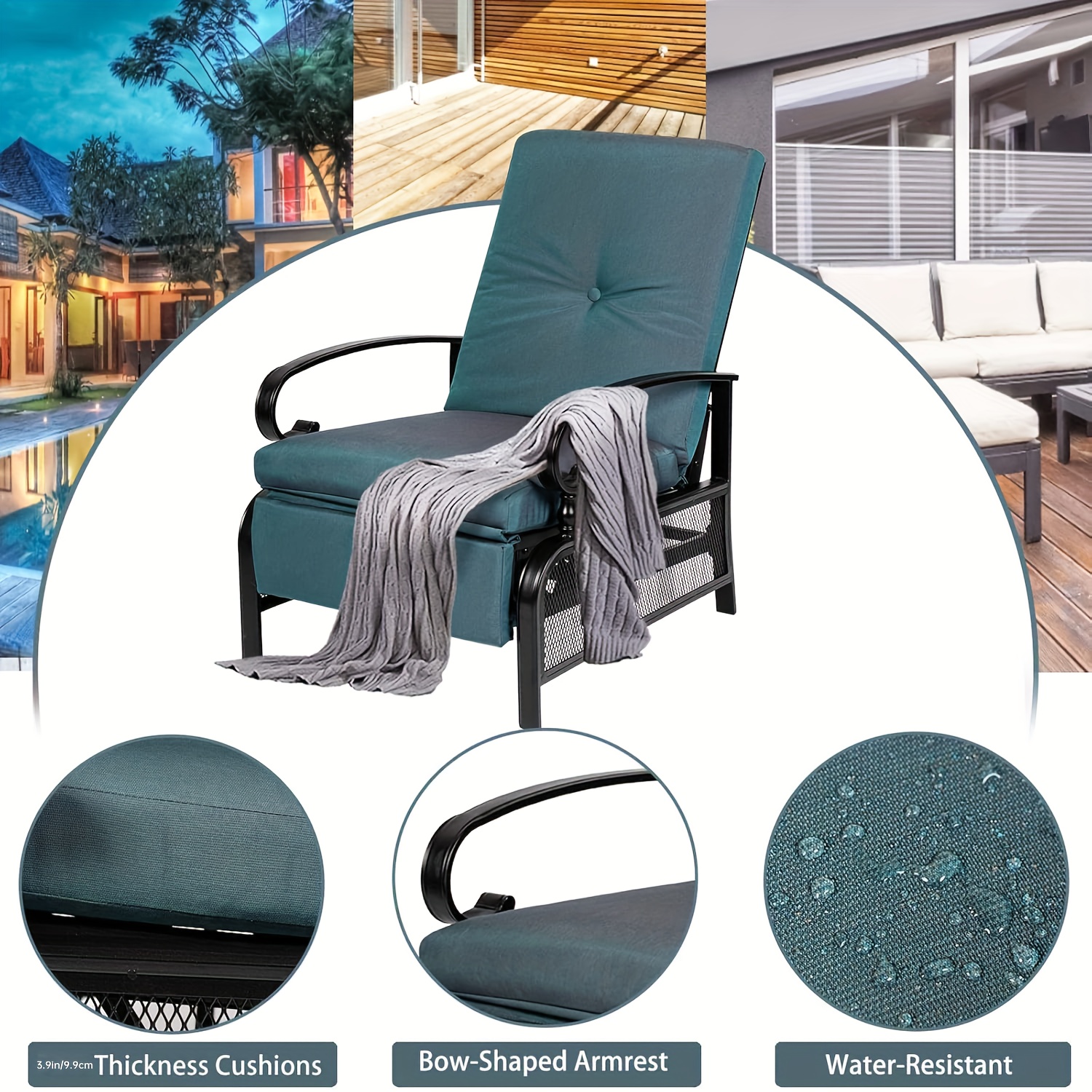 Patio Adjustable Lounge Chair, Waterproof Metal Chaise Longue With Blue Cushions, Perfect For Porch, Backyard, Pool Or Garden
