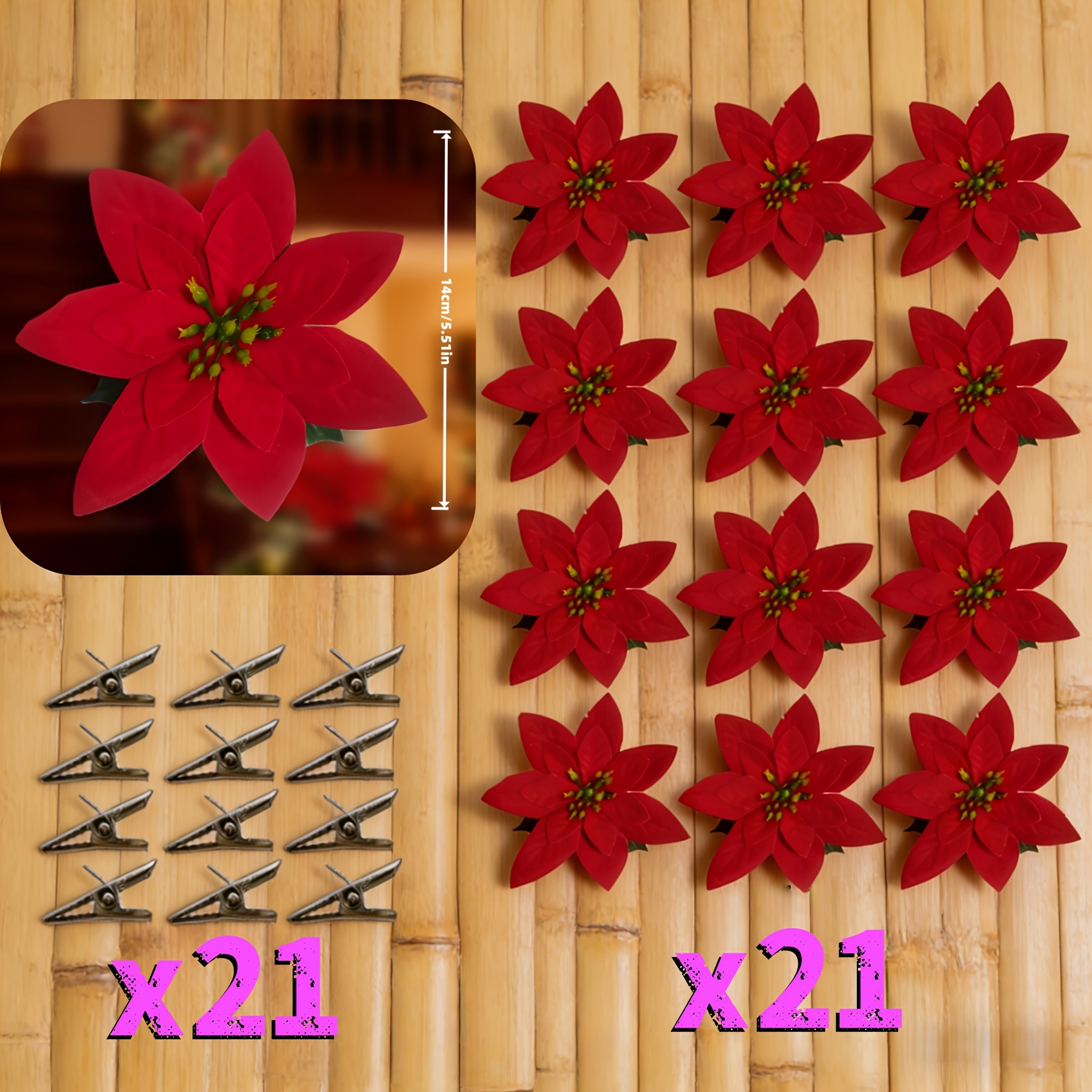 TEMU 42pcs Set, Realistic Artificial Poinsettia Flowers - Suitable For Valentine's Day, Thanksgiving, And Halloween Decor | Suitable For