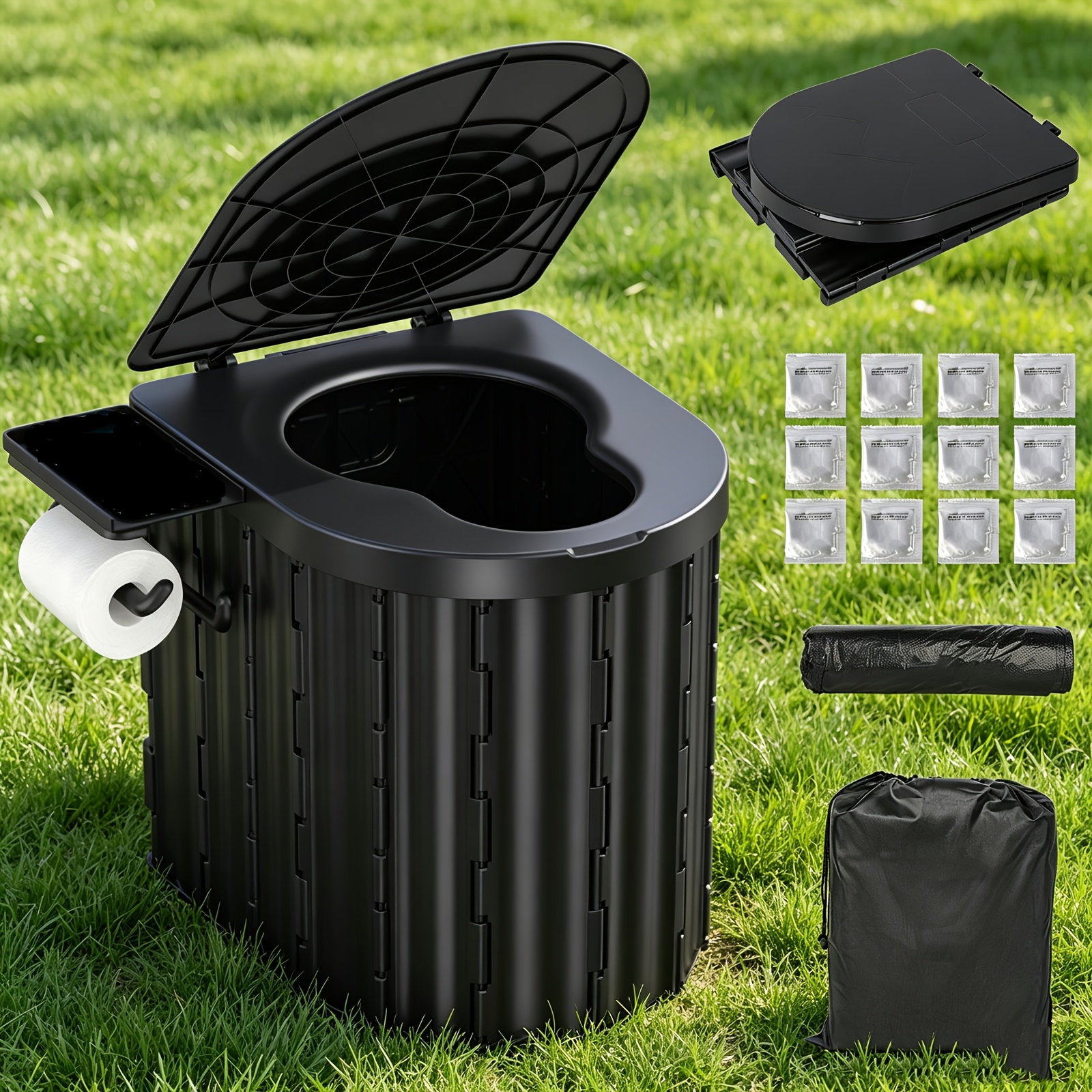 TEMU 1pc Abs Foldable Toilet For Camping, Outdoor, Bedroom, Balcony, Rv, Travel, Portable Toilet With Removable Paper Holder, Easy To Clean, Load