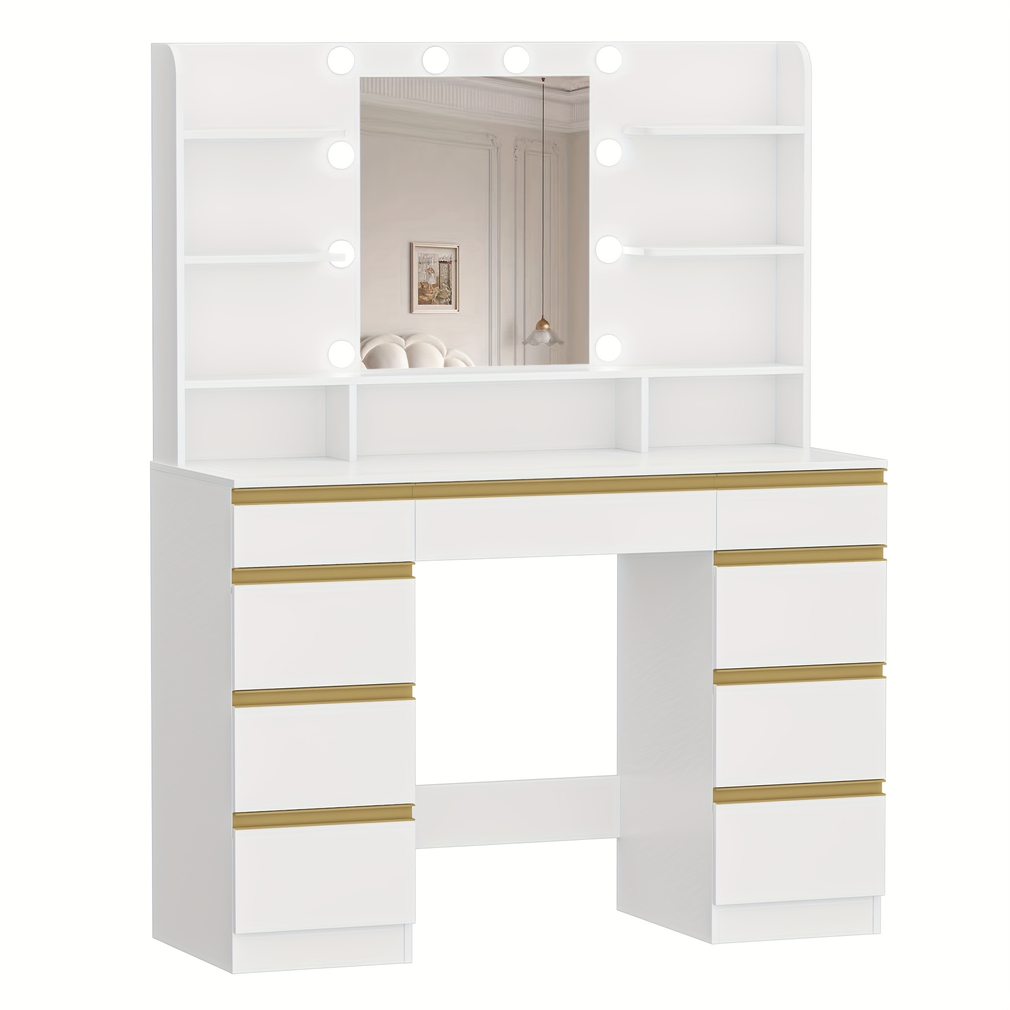 Dressing Table, In , Adjustable Brightness, Large Hd Mirror, 1 Large Drawer And Small Drawer Cabinets, 9 Open Shelves, White