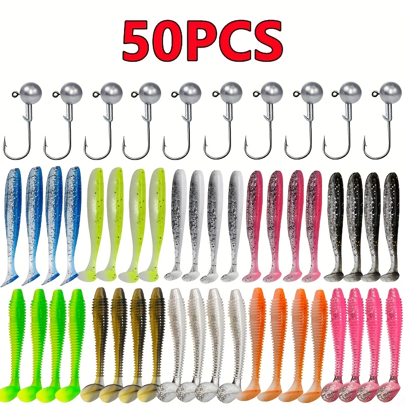 New 50pcs/box Soft Fishing Lures Kit Silicone Lure Set Artificial Bait Worm With Crank Jig Head Hook Fishing Tackle Accessories
