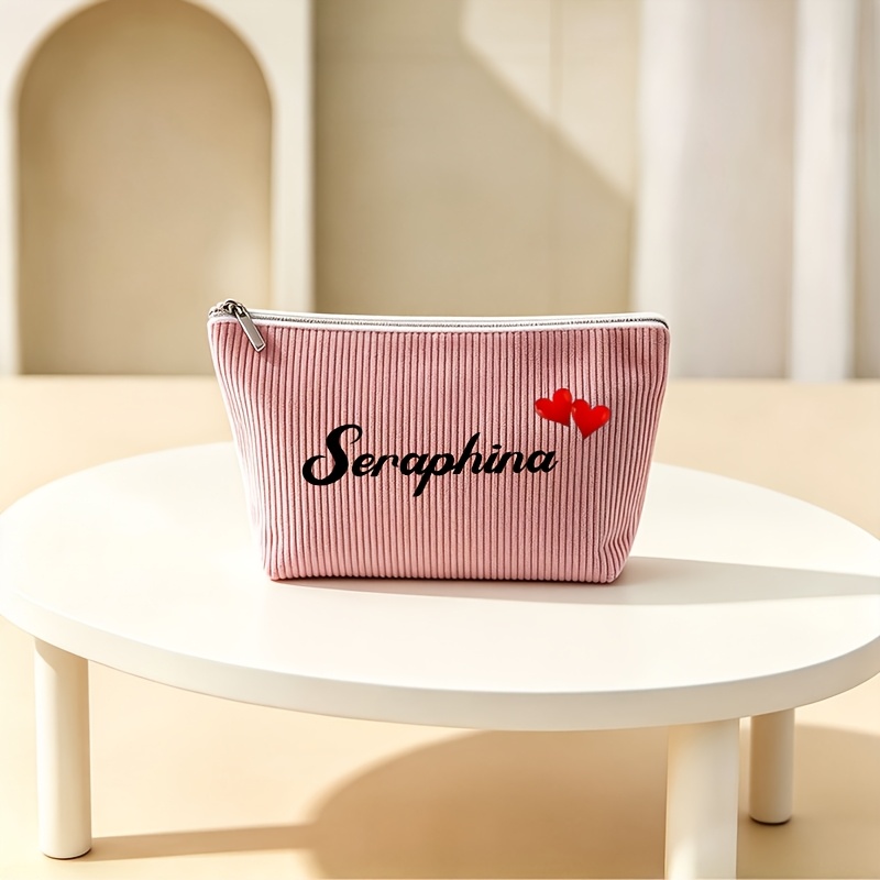 TEMU Customizable 1pc Wash Bag, Corduroy Women's Cosmetic Pouch With Base, Name Customization, 8 Colors , Multi-functional Large-capacity Zippered