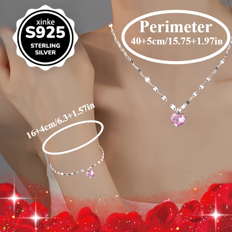925 Silver Lip Necklace & Bracelet Set with Pink CZ Pendant