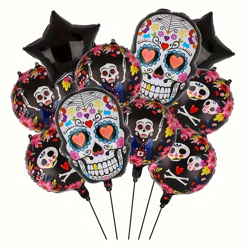 

10 Pack Day Of The Dead Foil Balloons, & Dia De Los Muertos Theme Decorations, Self-sealing Aluminum Film Balloons With Curling Ribbon For Spooky Birthday, Party & Festivities, Suitable For Ages 14+